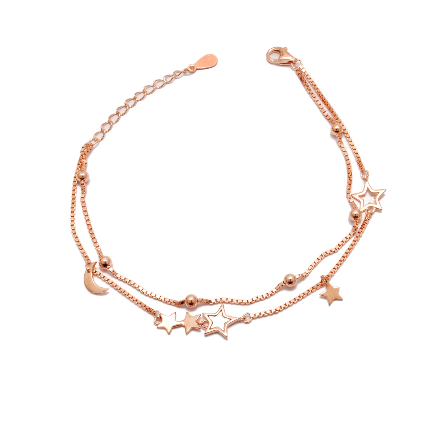 925 Sterling Silver Star and Moon Dainty Bracelet – 8 Inch, Rose Gold & Silver Finish - Kanika Creations