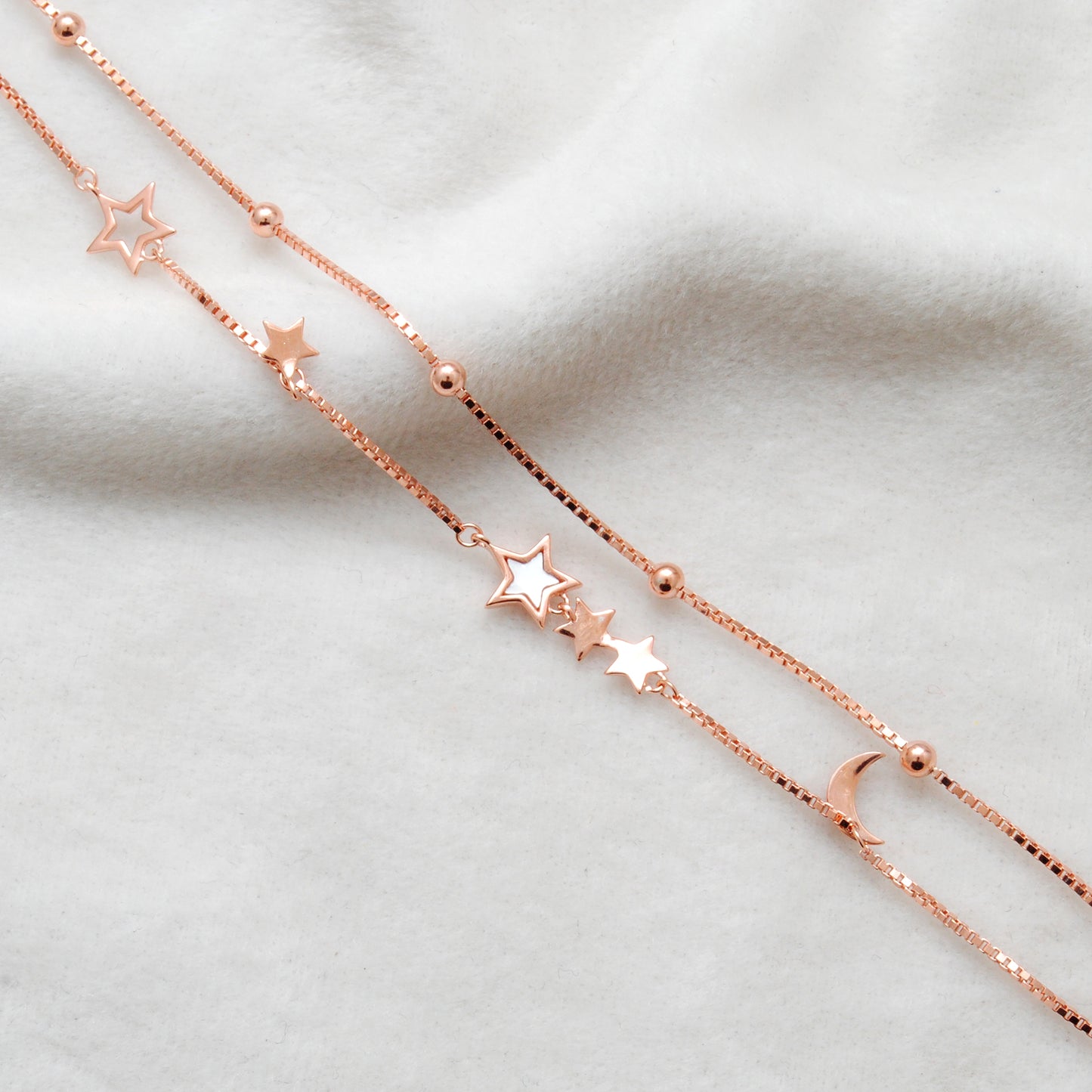 925 Sterling Silver Star and Moon Dainty Bracelet – 8 Inch, Rose Gold & Silver Finish - Kanika Creations