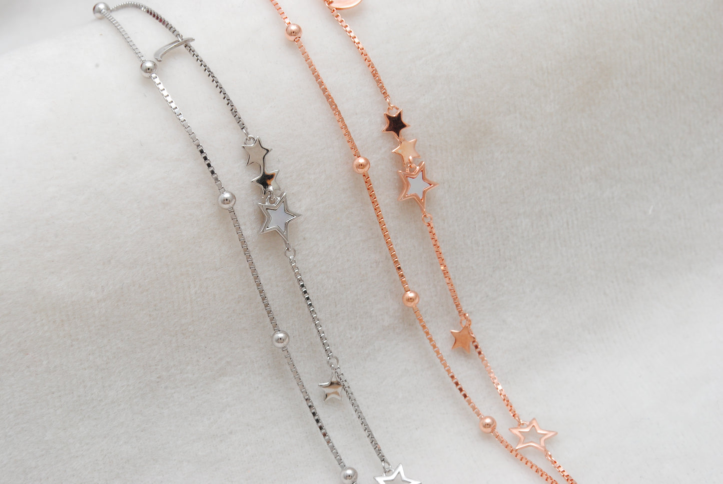 925 Sterling Silver Star and Moon Dainty Bracelet – 8 Inch, Rose Gold & Silver Finish - Kanika Creations