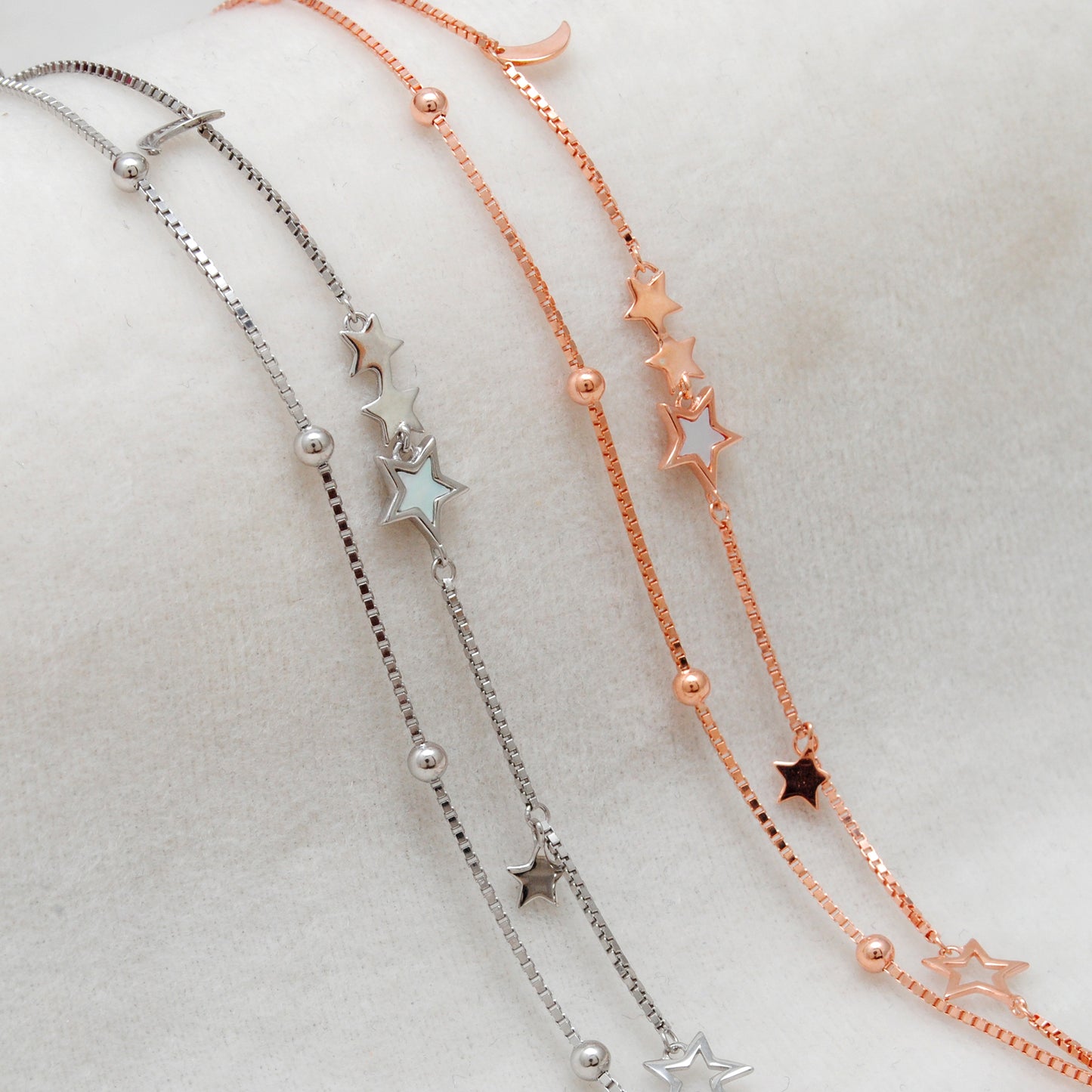 925 Sterling Silver Star and Moon Dainty Bracelet – 8 Inch, Rose Gold & Silver Finish - Kanika Creations