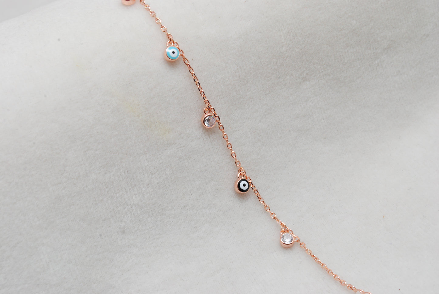 925 Sterling Silver Evil Eye CZ Enamel Charm Bracelet – Rose Gold and Silver Plated, Dainty Protection Jewelry - Kanika Creations