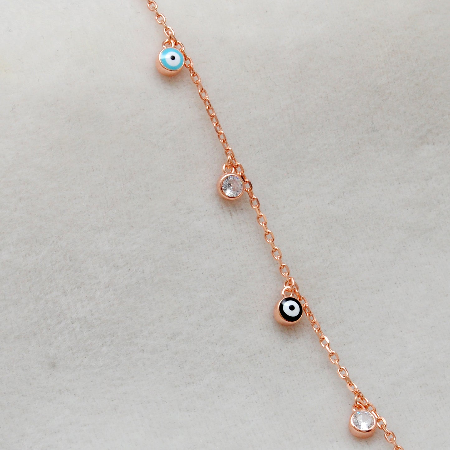 925 Sterling Silver Evil Eye CZ Enamel Charm Bracelet – Rose Gold and Silver Plated, Dainty Protection Jewelry - Kanika Creations