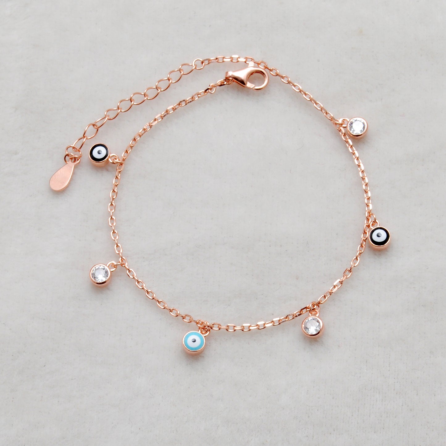 925 Sterling Silver Evil Eye CZ Enamel Charm Bracelet – Rose Gold and Silver Plated, Dainty Protection Jewelry - Kanika Creations