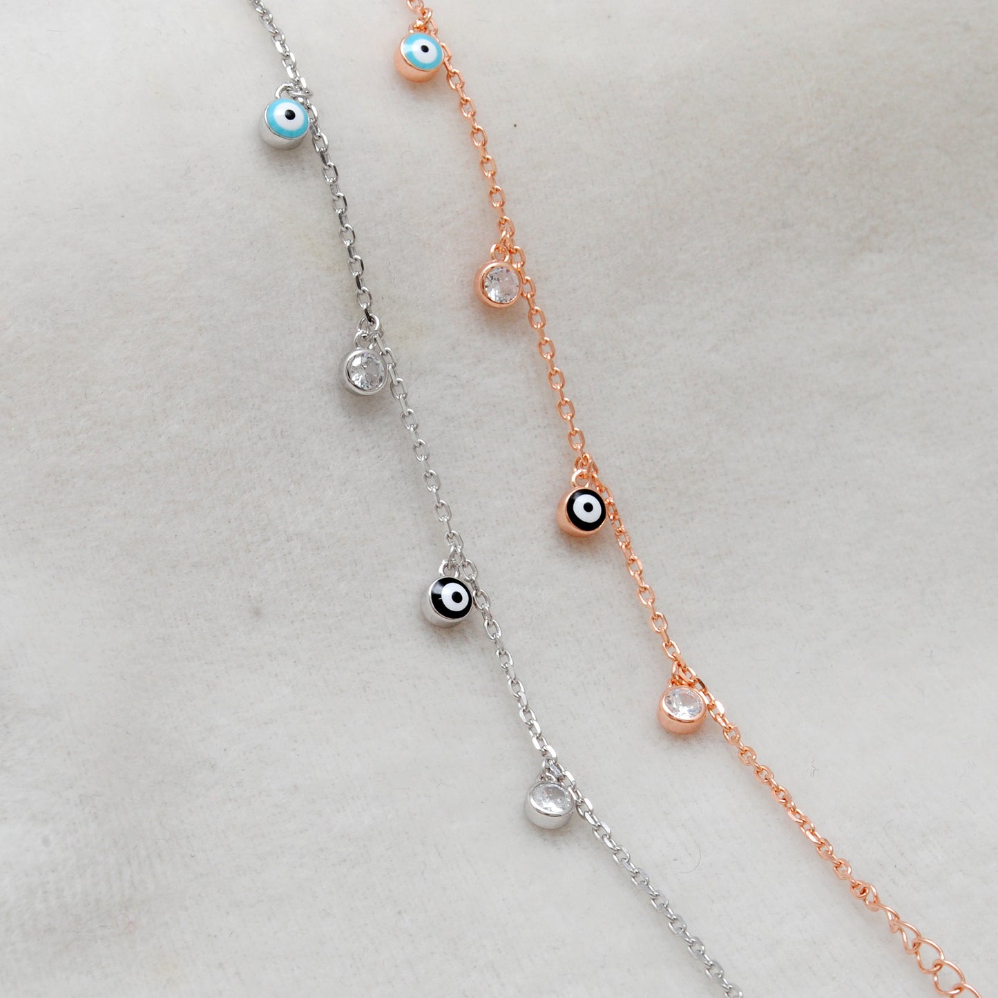 925 Sterling Silver Evil Eye CZ Enamel Charm Bracelet – Rose Gold and Silver Plated, Dainty Protection Jewelry - Kanika Creations