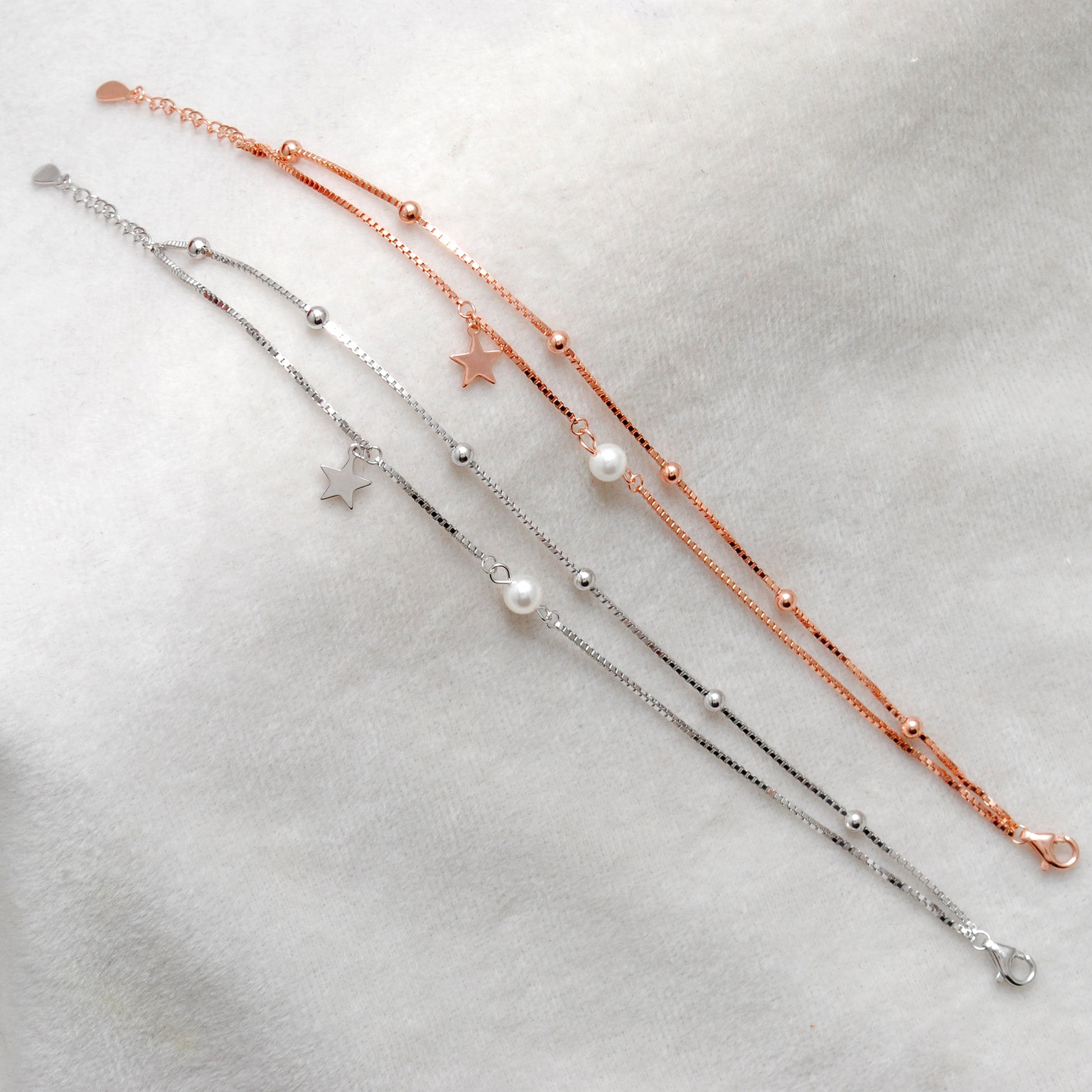 925 Sterling Silver Dainty Star Bracelet with Pearl Accent – Perfect Gift, 8 Inch - Kanika Creations