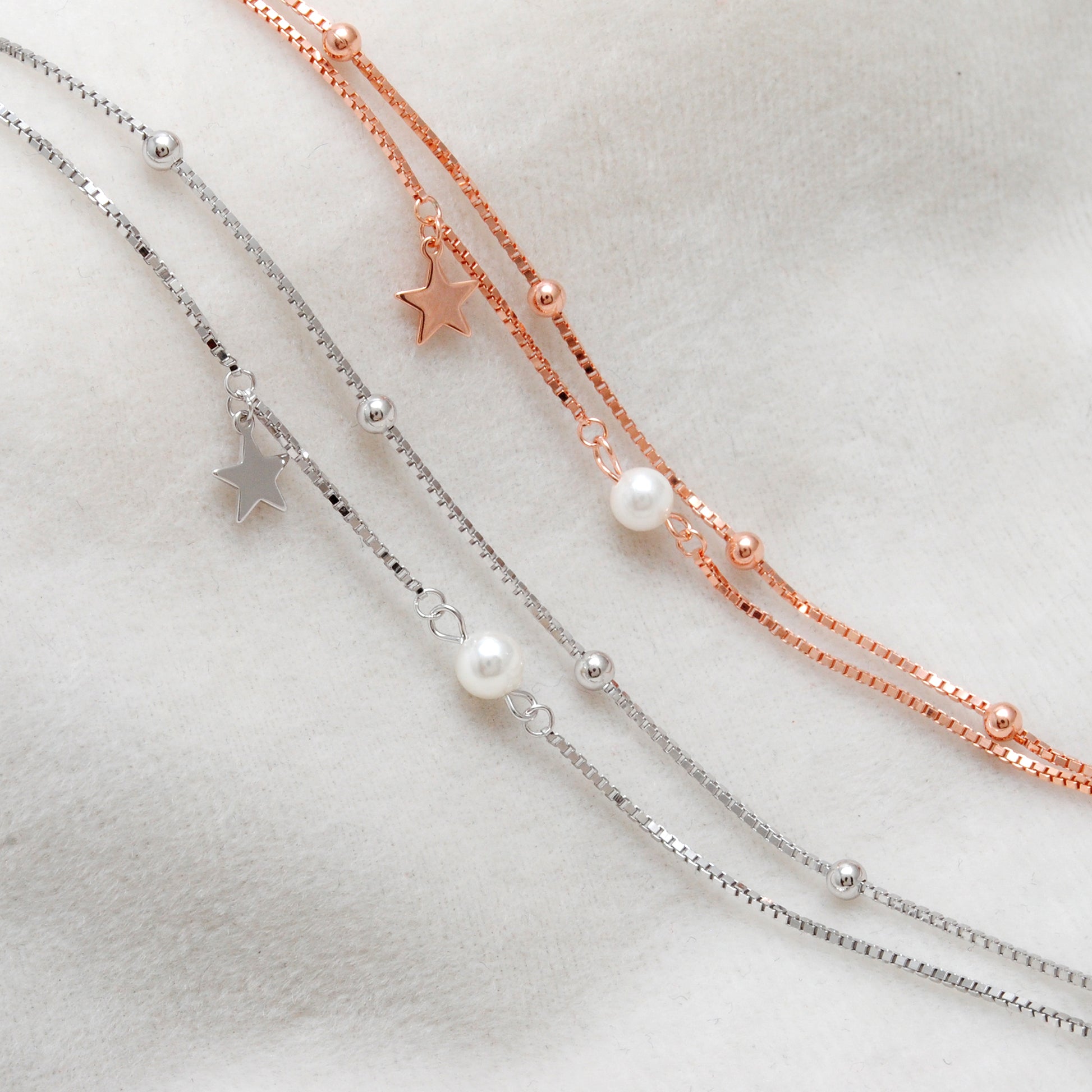 925 Sterling Silver Dainty Star Bracelet with Pearl Accent – Perfect Gift, 8 Inch - Kanika Creations