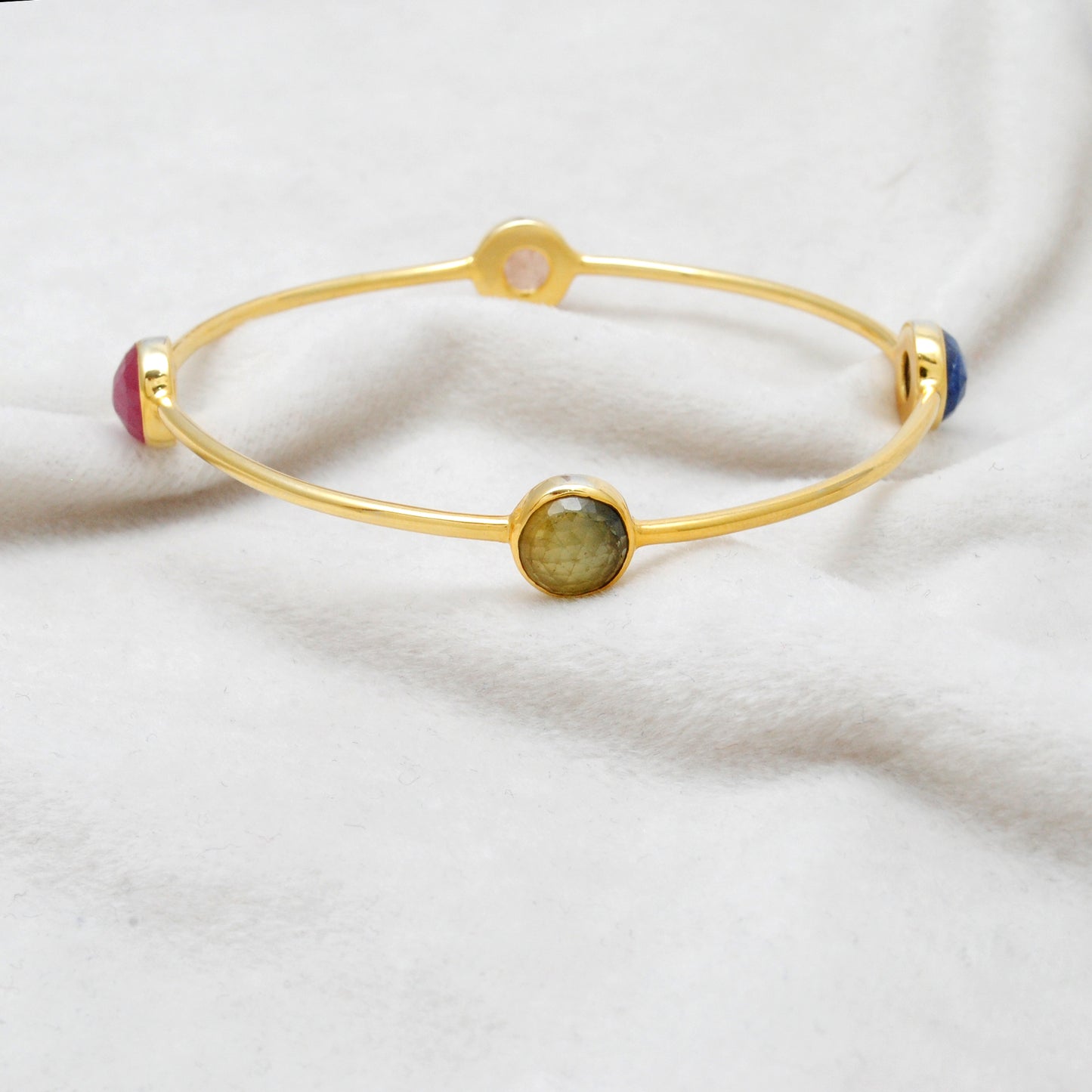 925 Silver Multi-Gemstone Bangle – Gold-Plated, Openable Design – Gift for Her - Kanika Creations