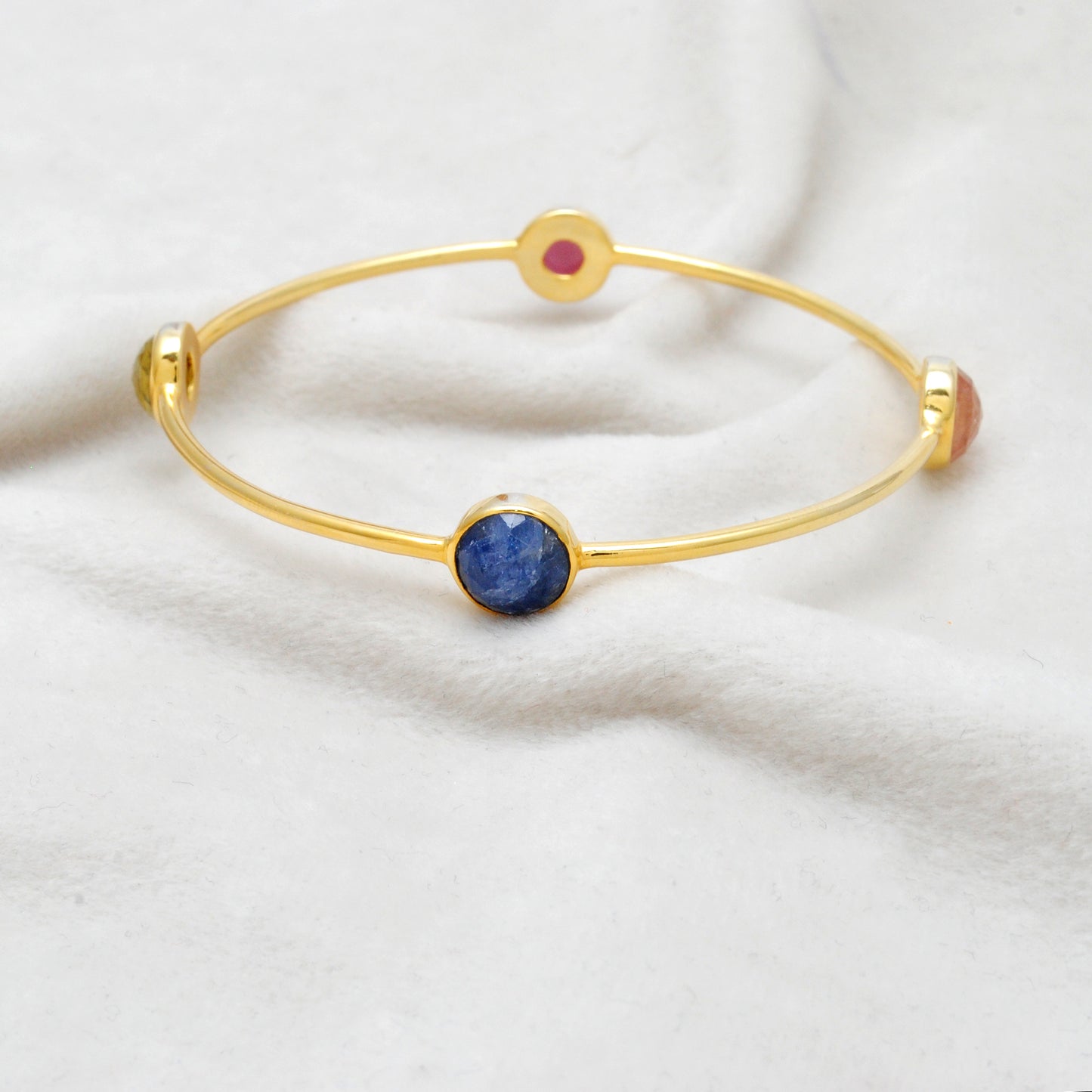 925 Silver Multi-Gemstone Bangle – Gold-Plated, Openable Design – Gift for Her - Kanika Creations