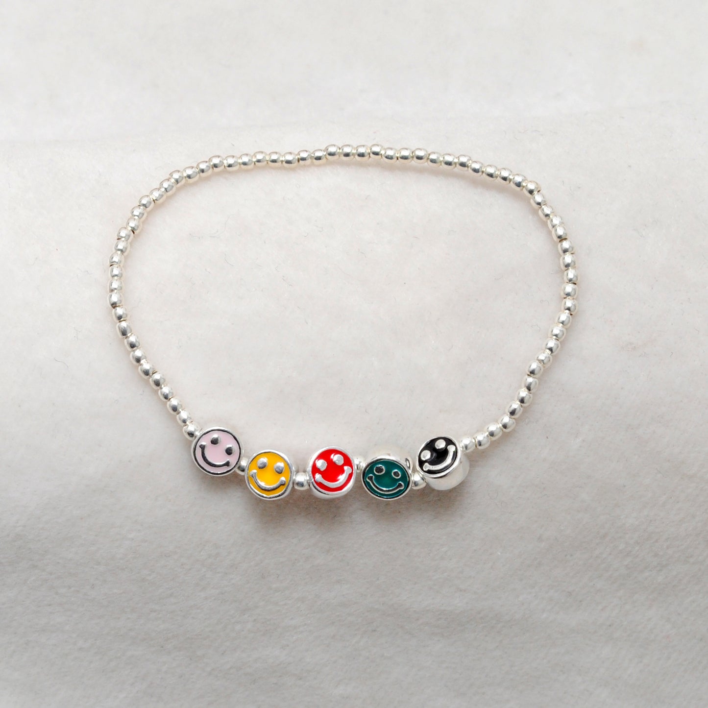 925 Sterling Silver Smiley Face Enamel Beaded Bracelet – Adjustable Charm Bracelet, Gift for Her - Kanika Creations