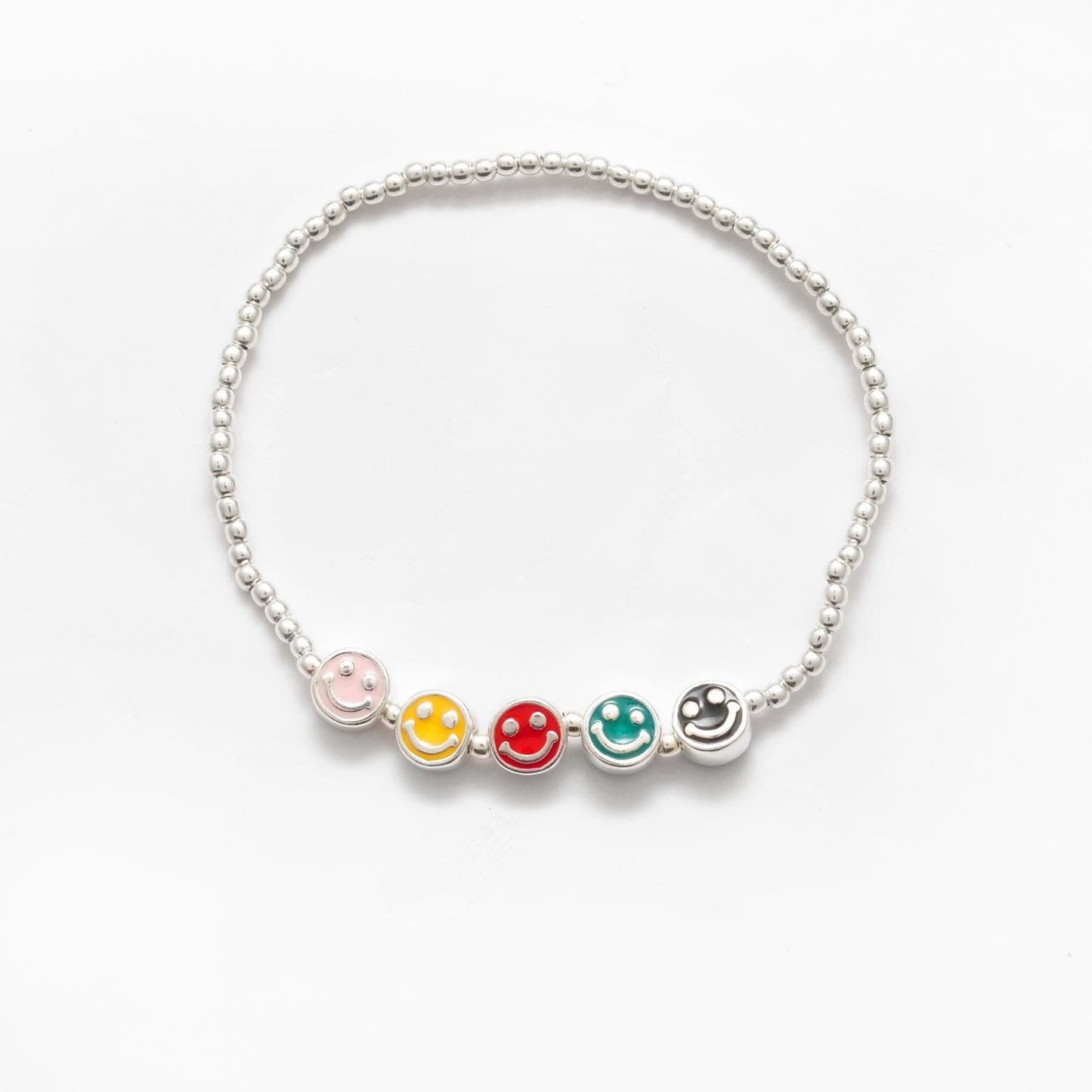 925 Sterling Silver Smiley Face Enamel Beaded Bracelet – Adjustable Charm Bracelet, Gift for Her - Kanika Creations