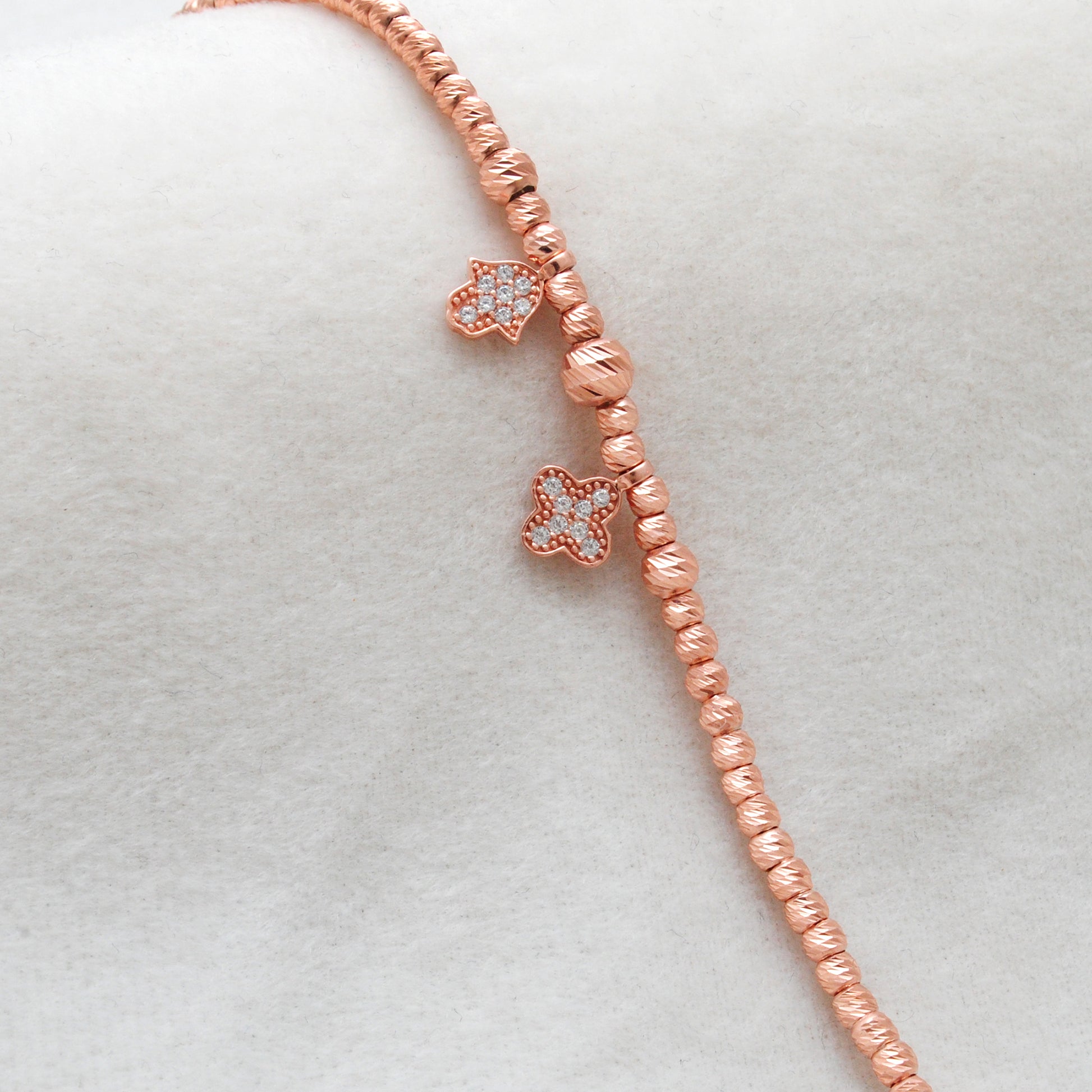 Rose Gold Plated Cubic Zirconia Hamsa Hand & Flower Bracelet – Silver Beaded Jewelry Gift for Her - Kanika Creations