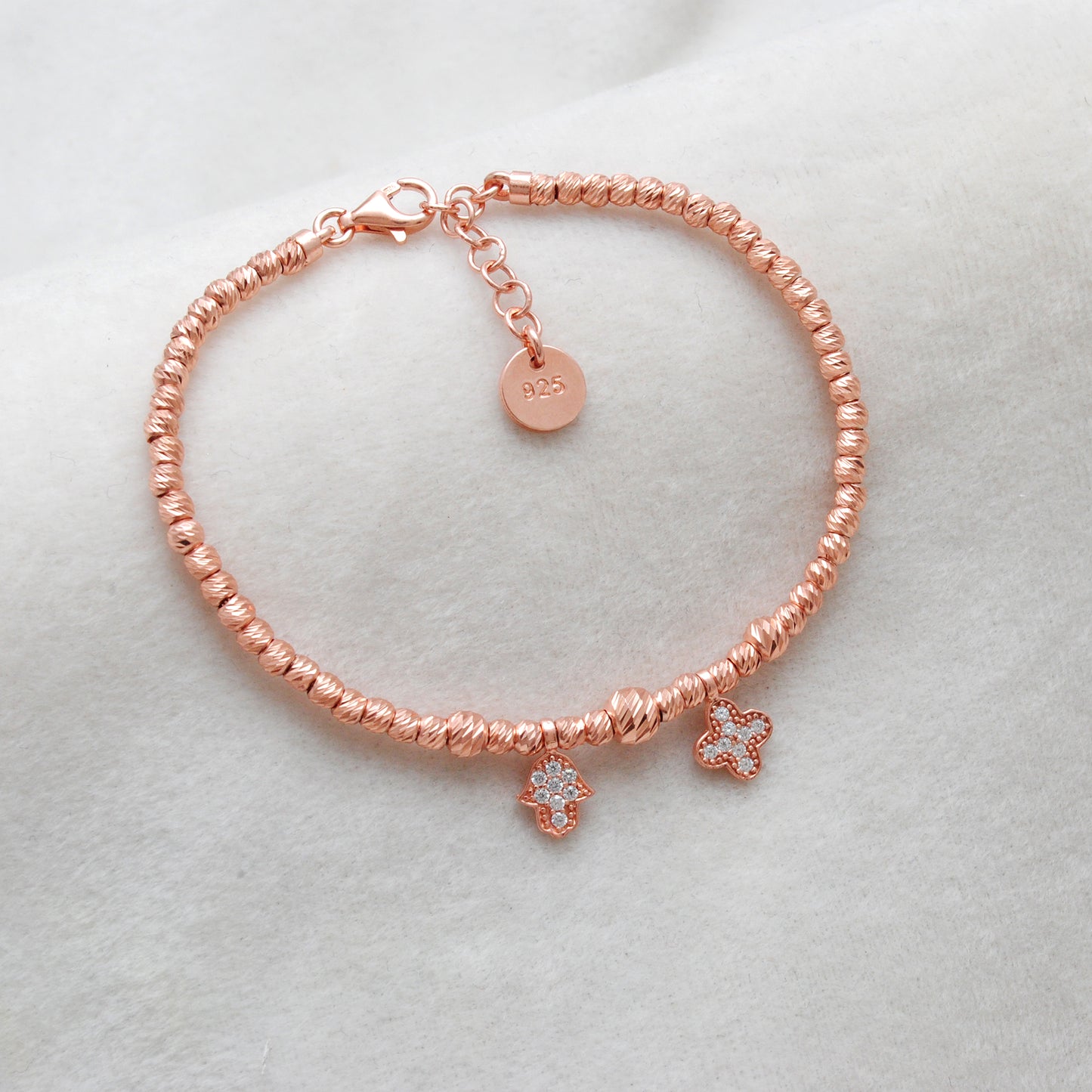 Rose Gold Plated Cubic Zirconia Hamsa Hand & Flower Bracelet – Silver Beaded Jewelry Gift for Her - Kanika Creations