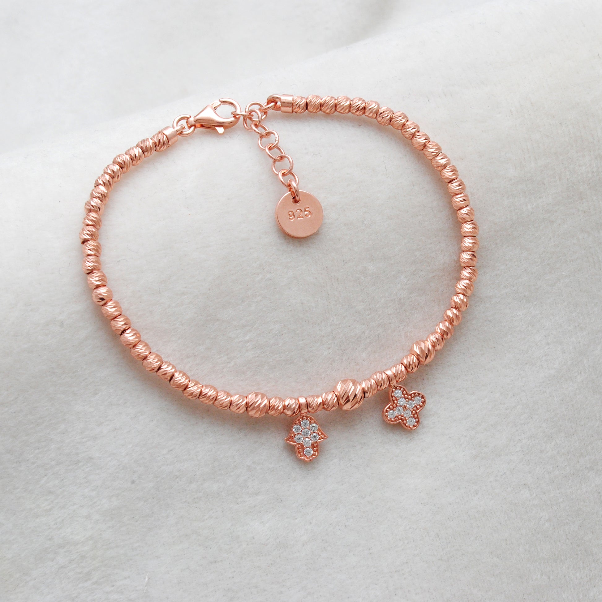 Rose Gold Plated Cubic Zirconia Hamsa Hand & Flower Bracelet – Silver Beaded Jewelry Gift for Her - Kanika Creations