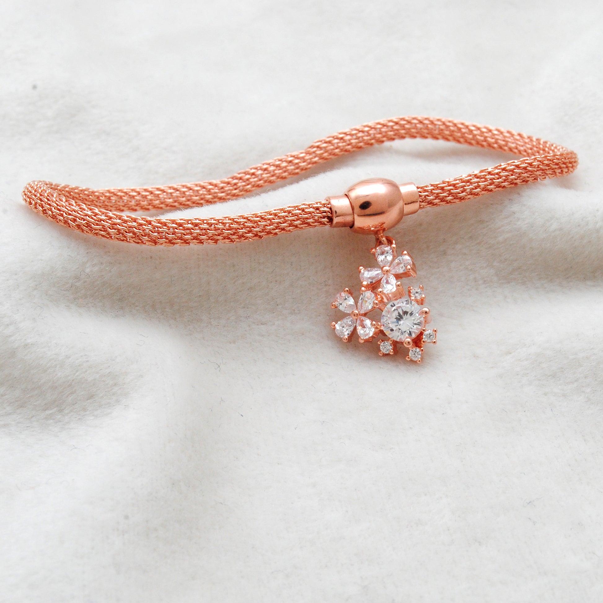 Cubic Zirconia Flower Mesh Bracelet – 925 Silver Jewelry – Birthday Gift for Her - Kanika Creations