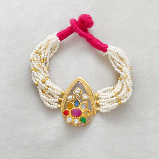 925 Sterling Silver Pearl Beaded Bracelet with Multi-Gemstone with Thread Knot Closure - Kanika Creations