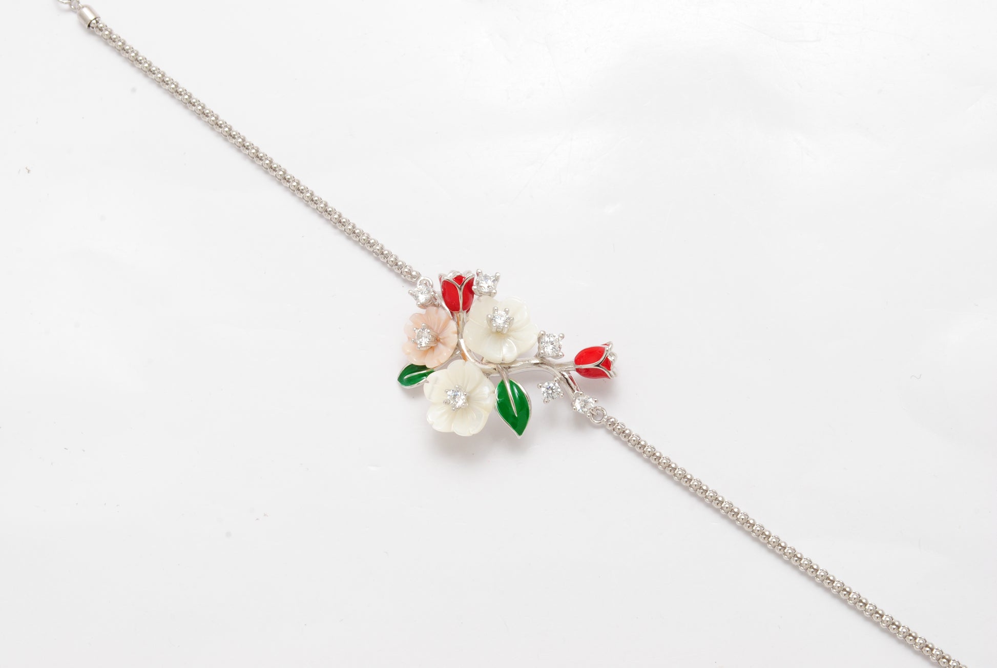 925 Silver CZ Enamel Flower Bracelet – 8 Inch Minimalist Jewelry, Gift for Her - Kanika Creations