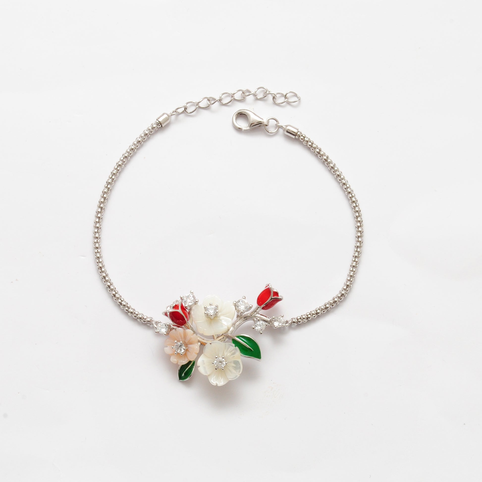 925 Silver CZ Enamel Flower Bracelet – 8 Inch Minimalist Jewelry, Gift for Her - Kanika Creations