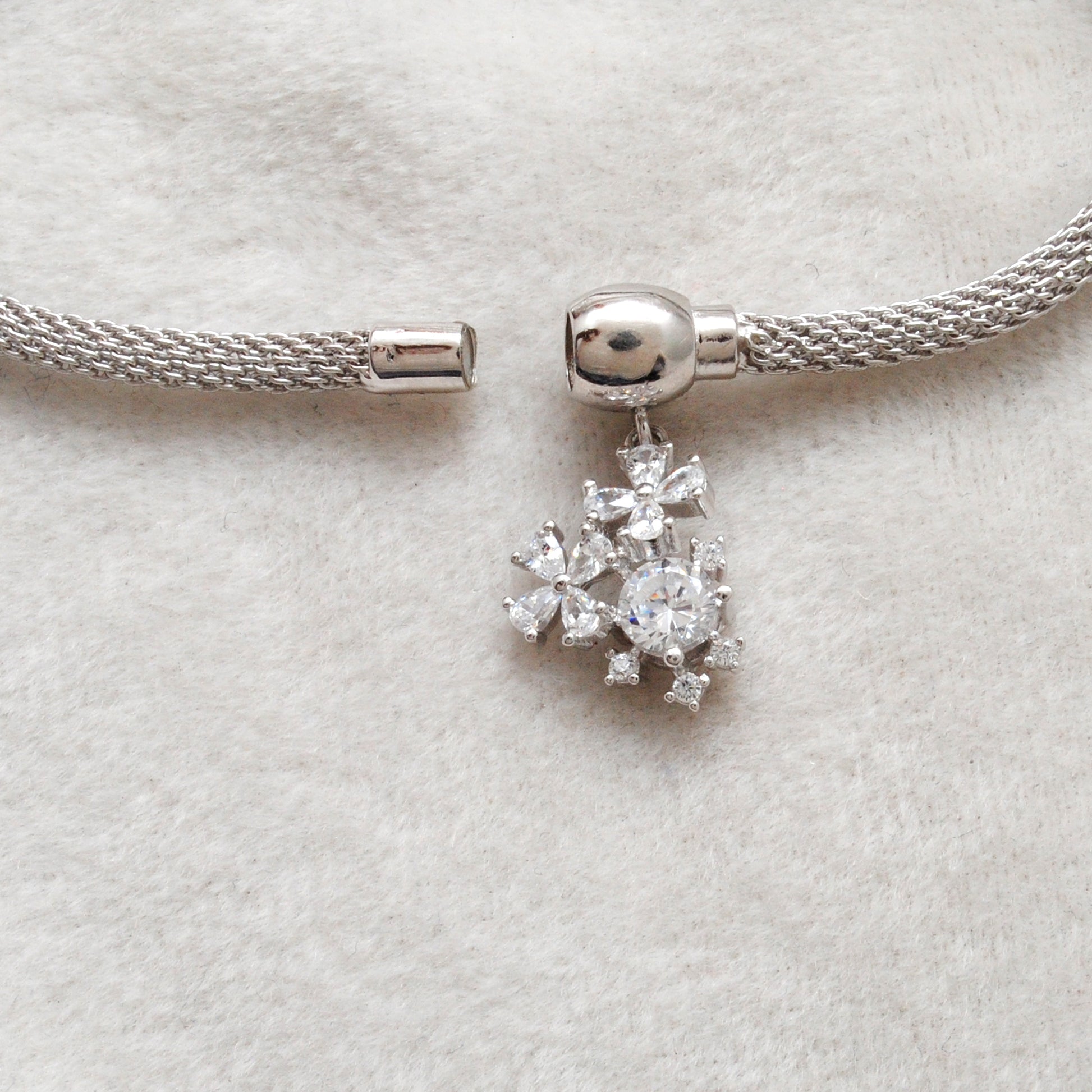 Cubic Zirconia Flower Mesh Bracelet – 925 Silver Jewelry – Birthday Gift for Her - Kanika Creations