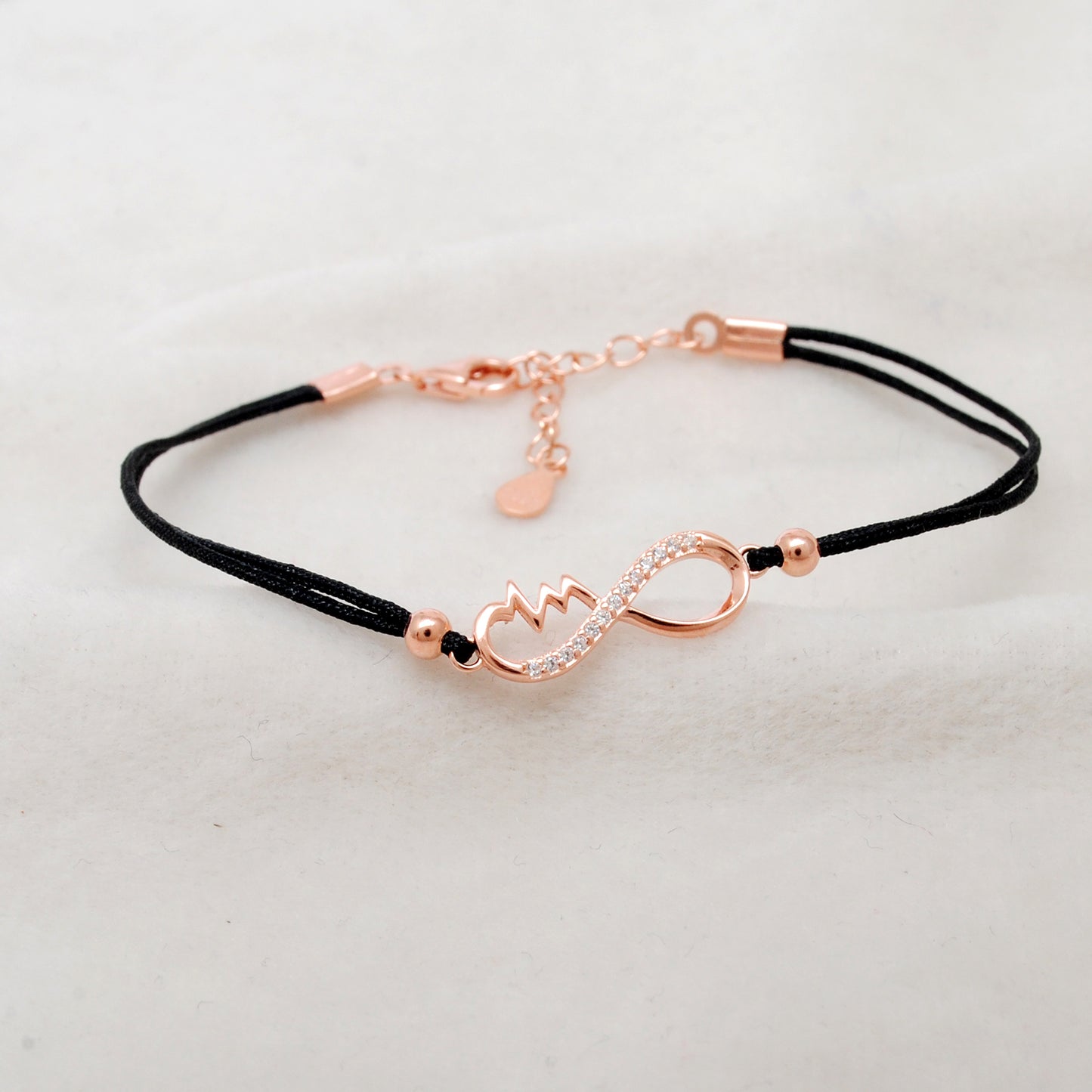925 Sterling Silver Infinity Heartbeat Bracelet with CZ – Black Cord Gift for Her - Kanika Creations