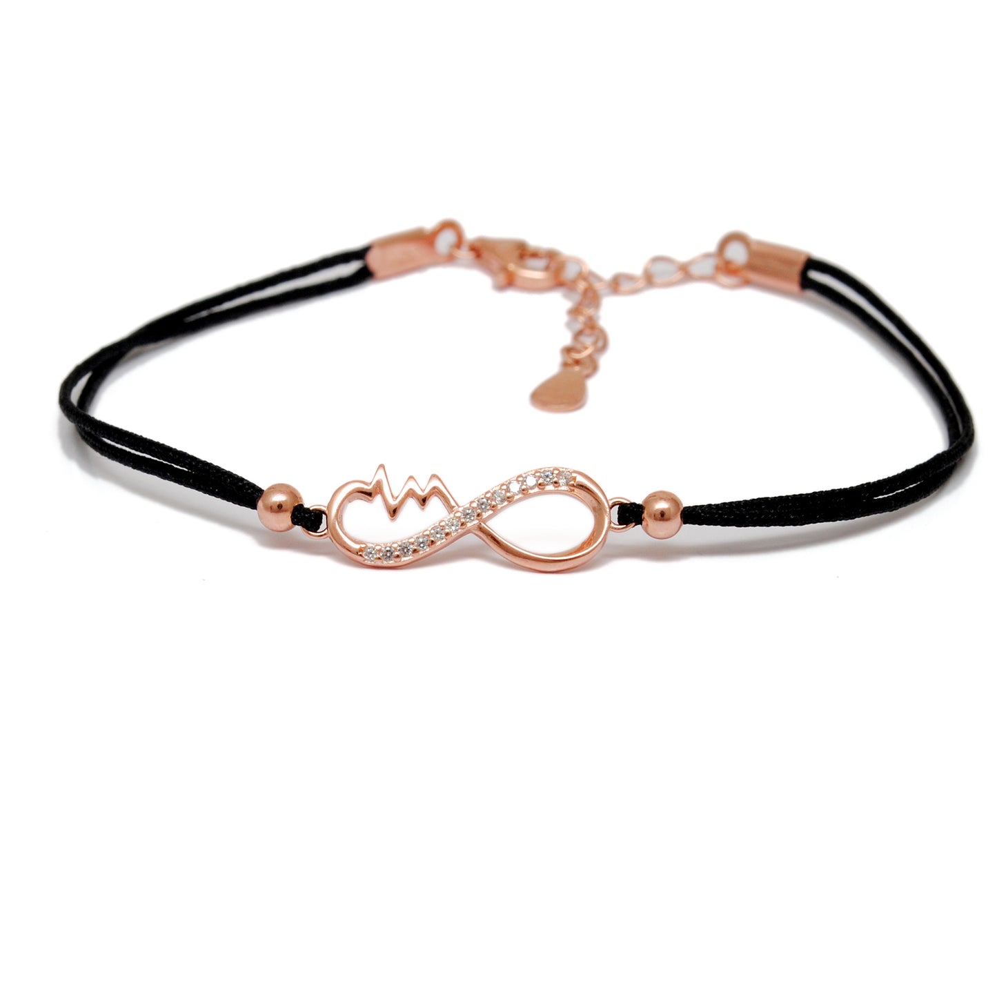 925 Sterling Silver Infinity Heartbeat Bracelet with CZ – Black Cord Gift for Her - Kanika Creations