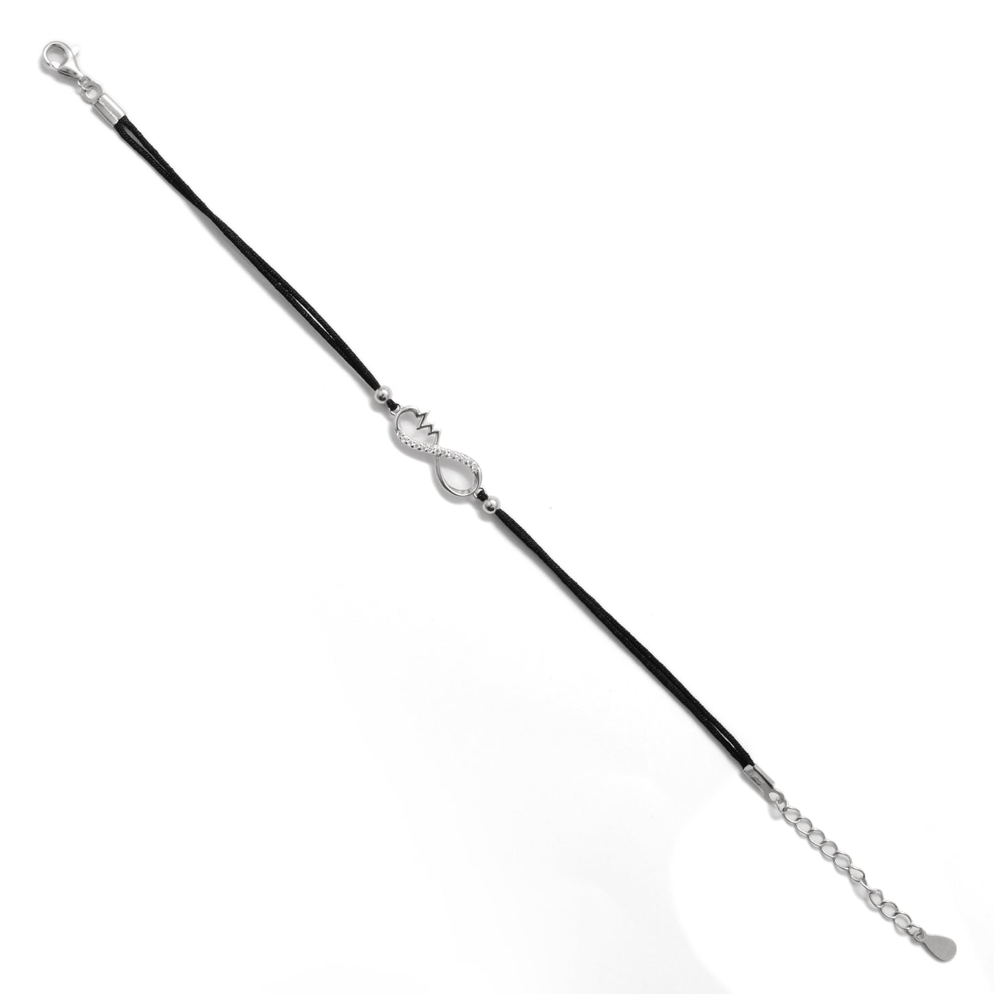 925 Sterling Silver Infinity Heartbeat Bracelet with CZ – Black Cord Gift for Her - Kanika Creations
