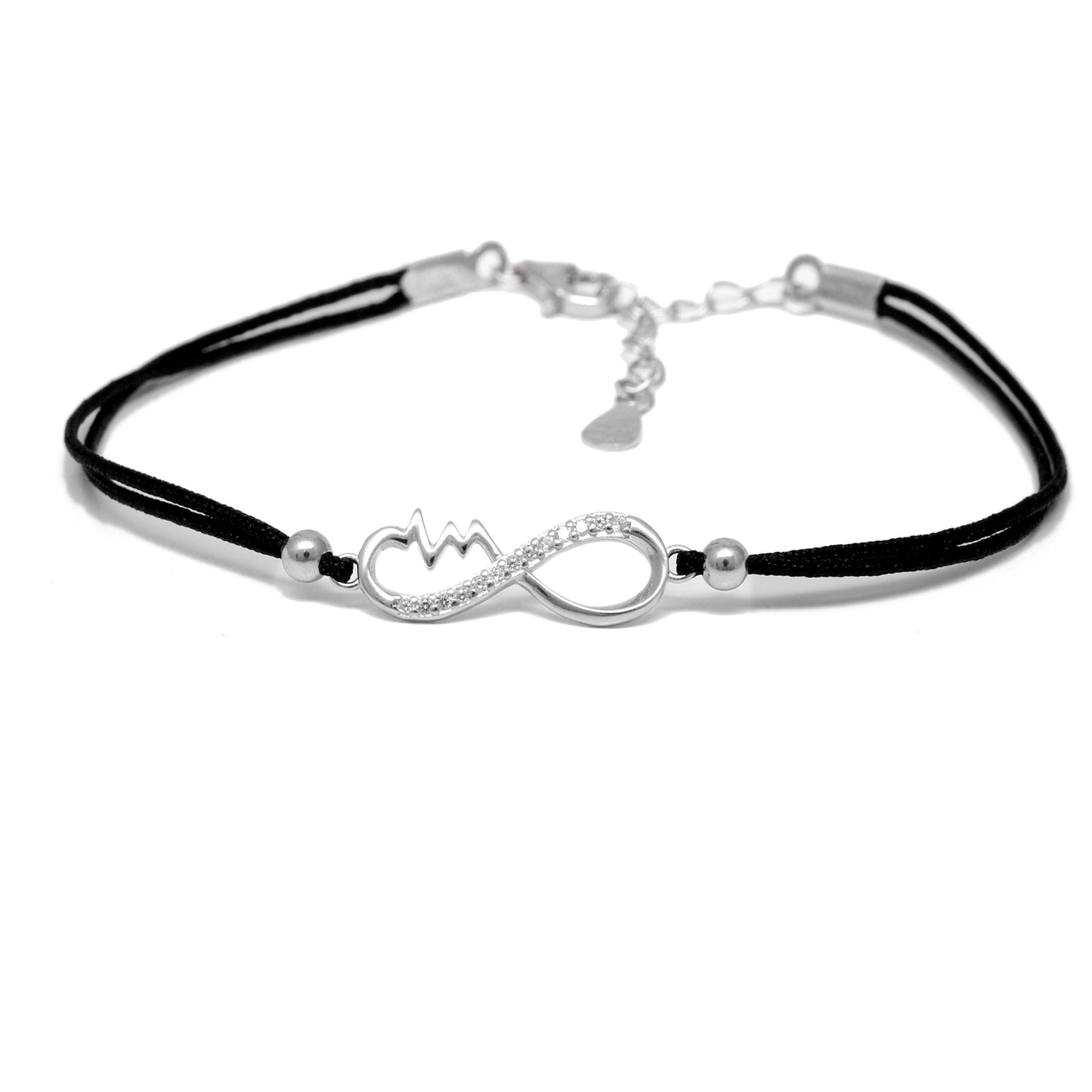925 Sterling Silver Infinity Heartbeat Bracelet with CZ – Black Cord Gift for Her - Kanika Creations