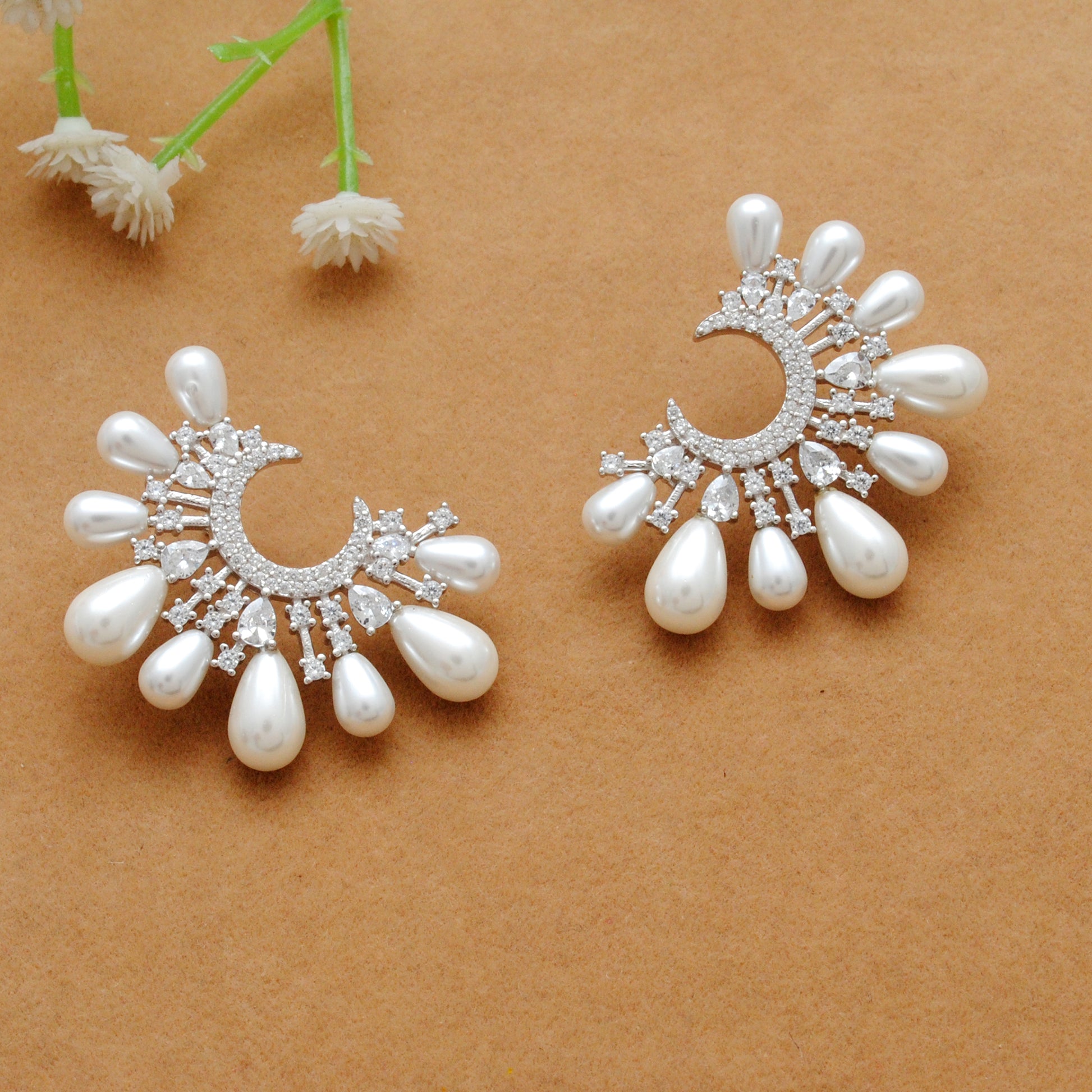 925 Sterling Silver CZ & Pearl Statement Dangle Earrings – Elegant Gift for Women - Kanika Creations
