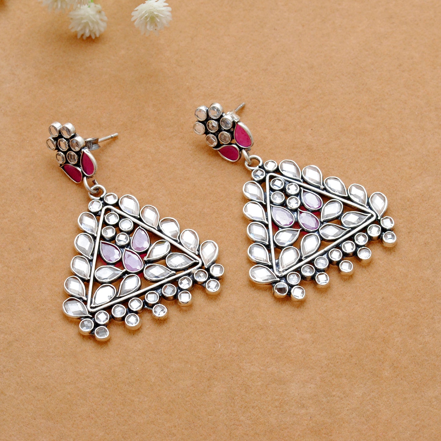 925 Sterling Silver CZ Dangle Earrings – Flower Triangle Design – Wedding Gift - Kanika Creations