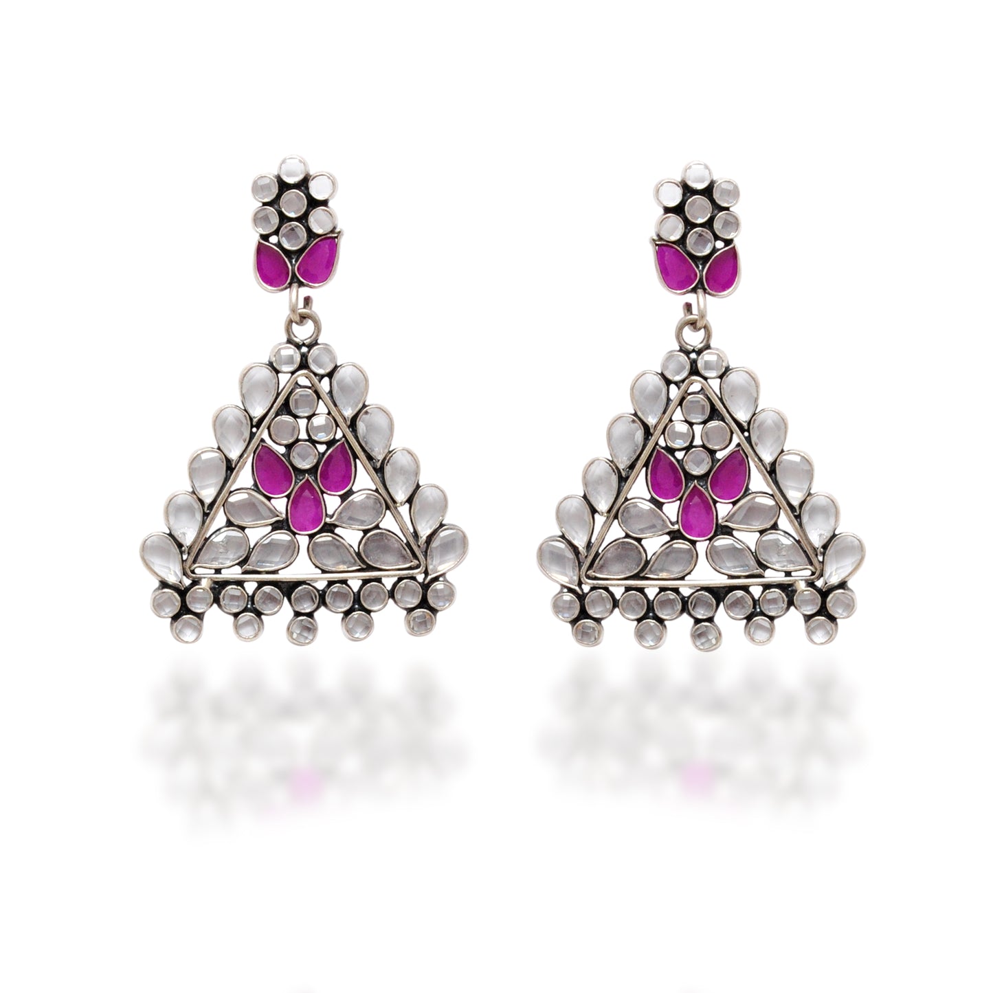 925 Sterling Silver CZ Dangle Earrings – Flower Triangle Design – Wedding Gift - Kanika Creations