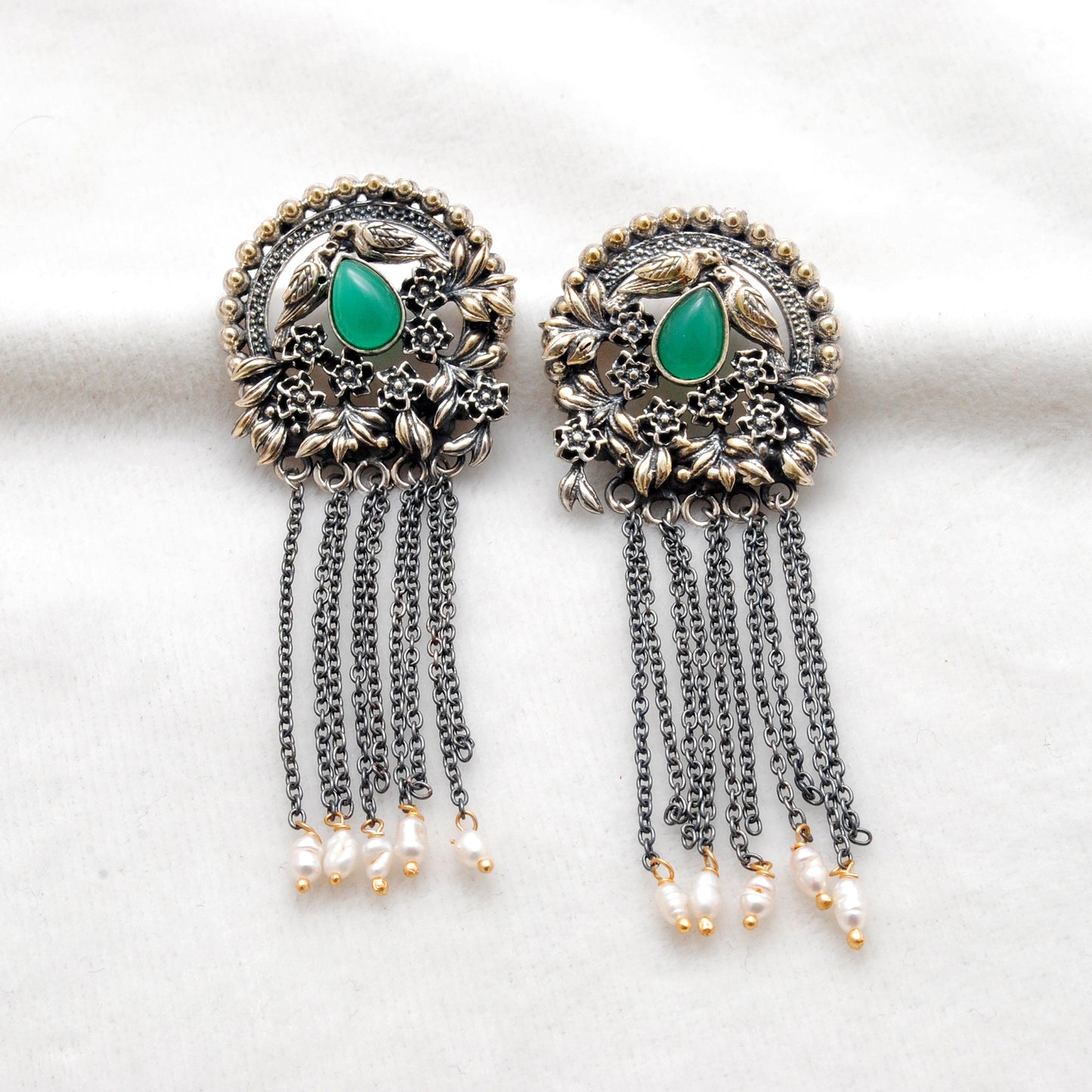 925 Sterling Silver Oxidized Bird & Floral Dangle Earrings – Green Stone Handmade Gift for Her - Kanika Creations