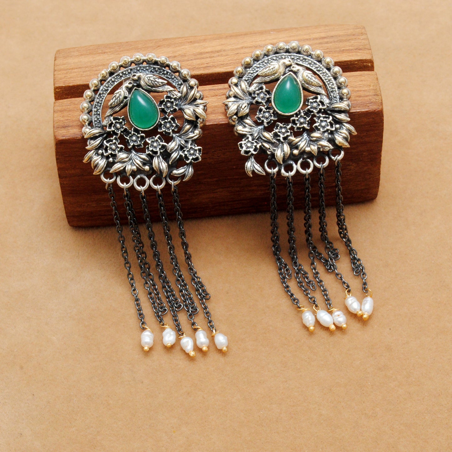 925 Sterling Silver Oxidized Bird & Floral Dangle Earrings – Green Stone Handmade Gift for Her - Kanika Creations