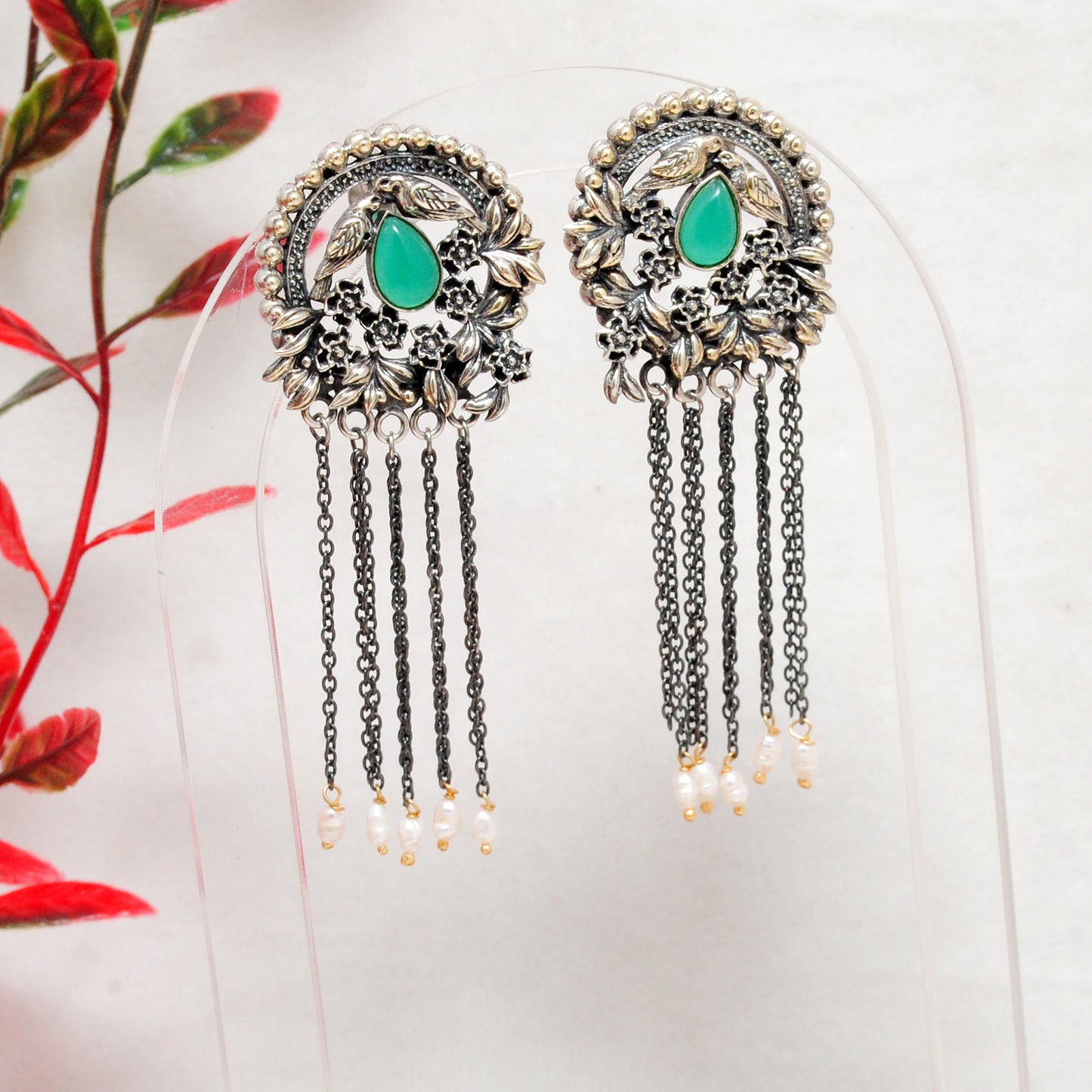 925 Sterling Silver Oxidized Bird & Floral Dangle Earrings – Green Stone Handmade Gift for Her - Kanika Creations