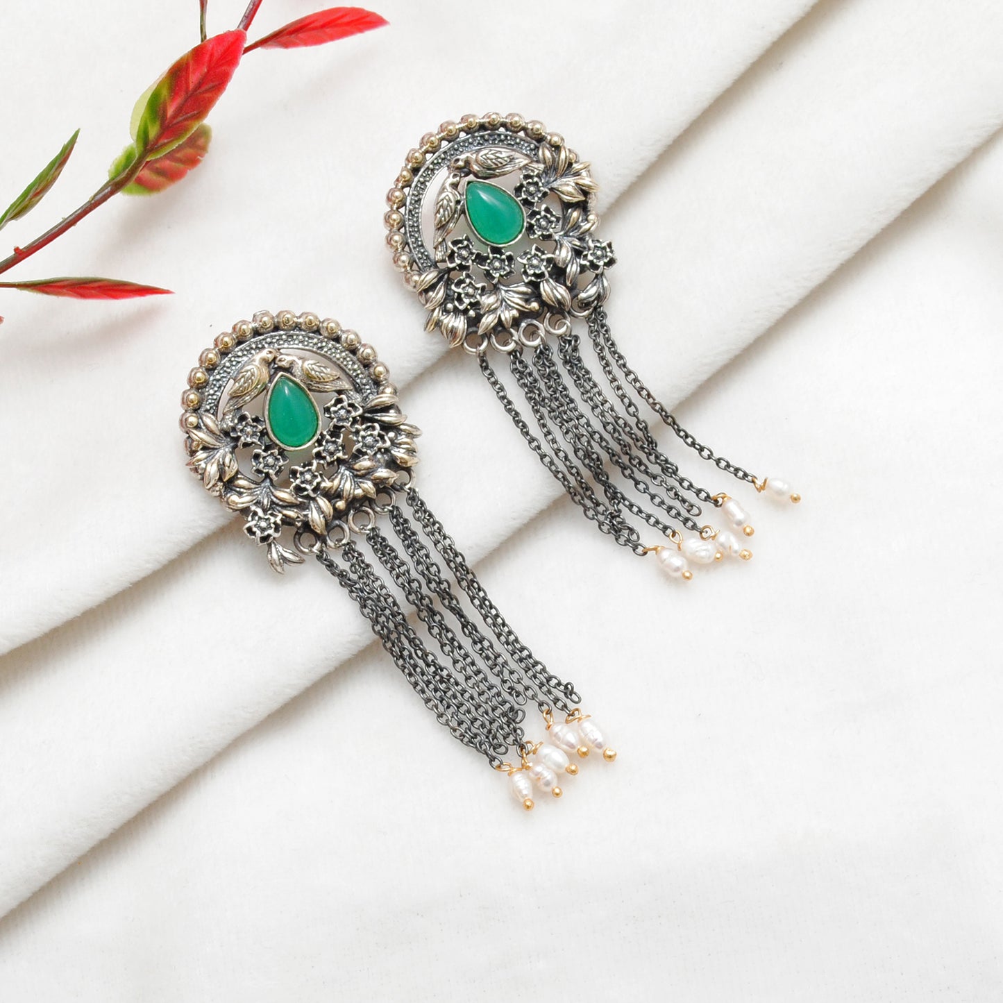 925 Sterling Silver Oxidized Bird & Floral Dangle Earrings – Green Stone Handmade Gift for Her - Kanika Creations