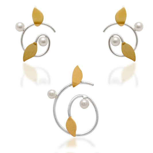 925 Sterling Silver Pearl Enamel Pendant Set – Leaf Design