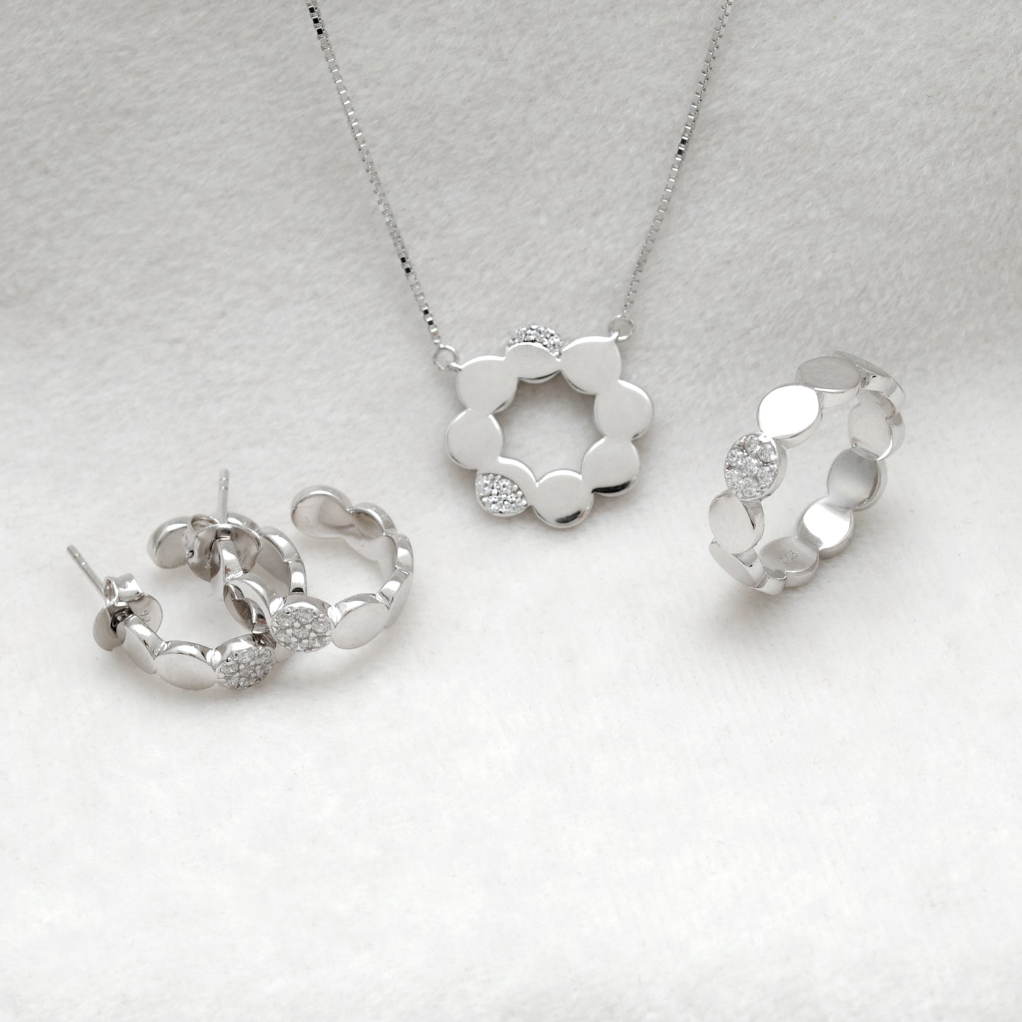 925 Silver CZ Necklace & Earrings Set with Band Ring – Gold & Silver Finish