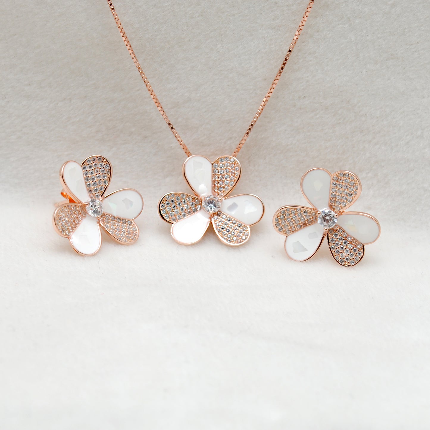 Floral CZ Necklace & Earrings Set – 925 Silver & Gold Plated