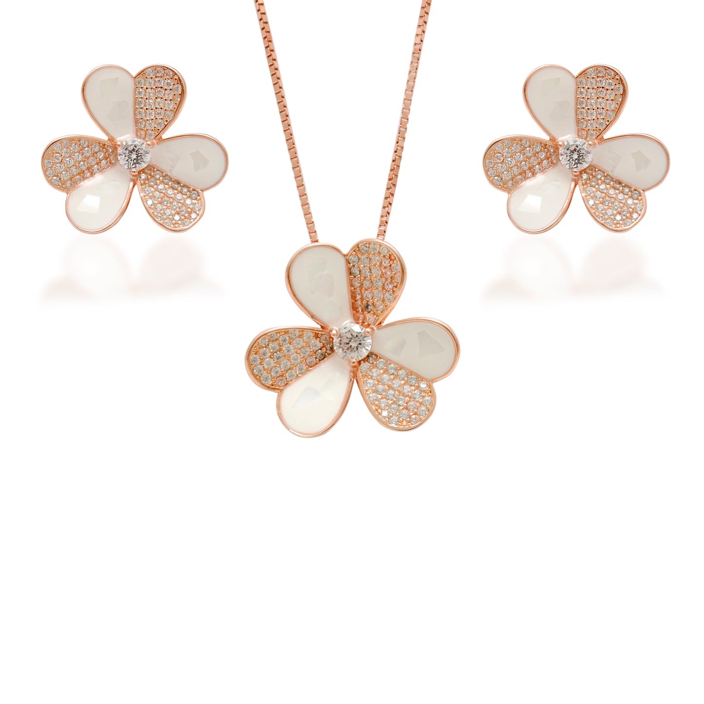 Flower-shaped jewelry set with rose gold and white elements on a white background