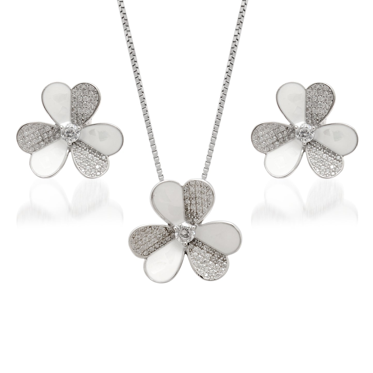Floral CZ Necklace & Earrings Set – 925 Silver & Gold Plated