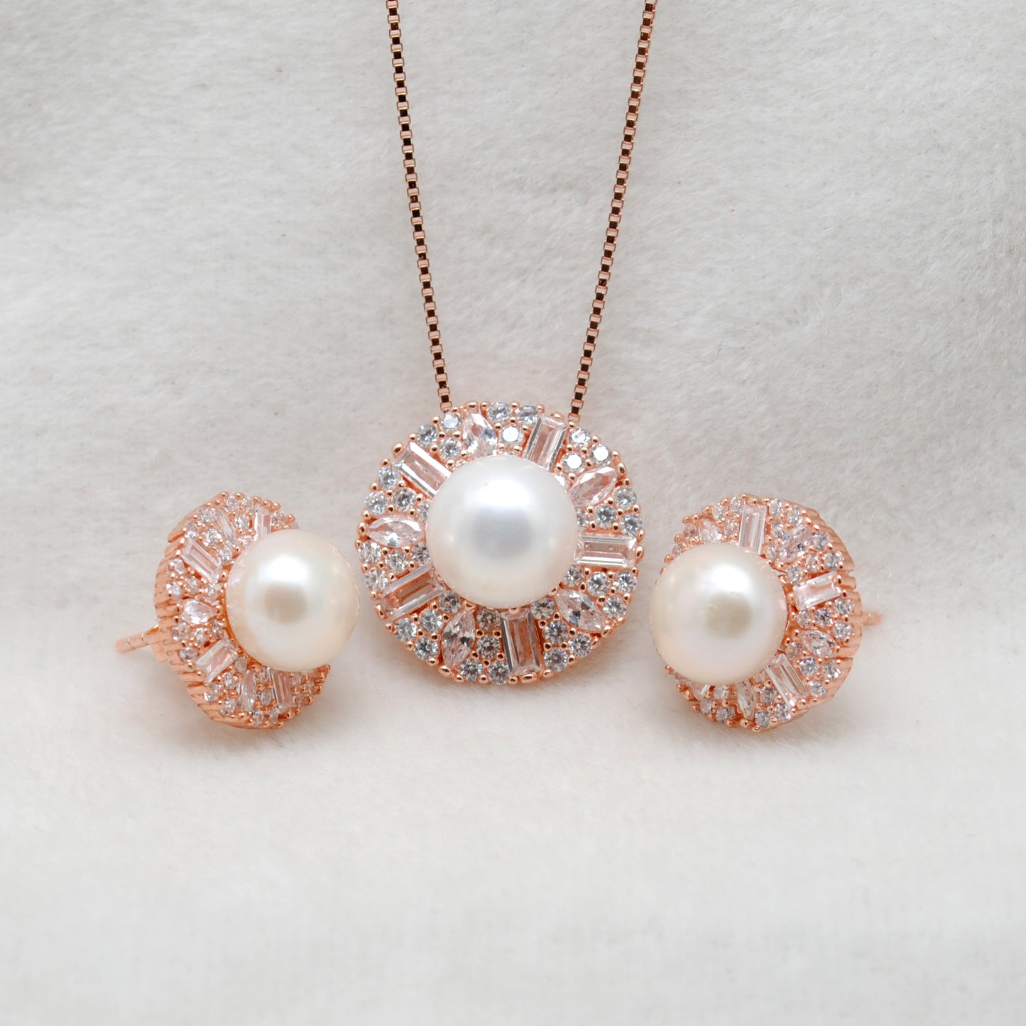 CZ & Pearl Necklace Earrings Set – 925 Silver & Gold Plated