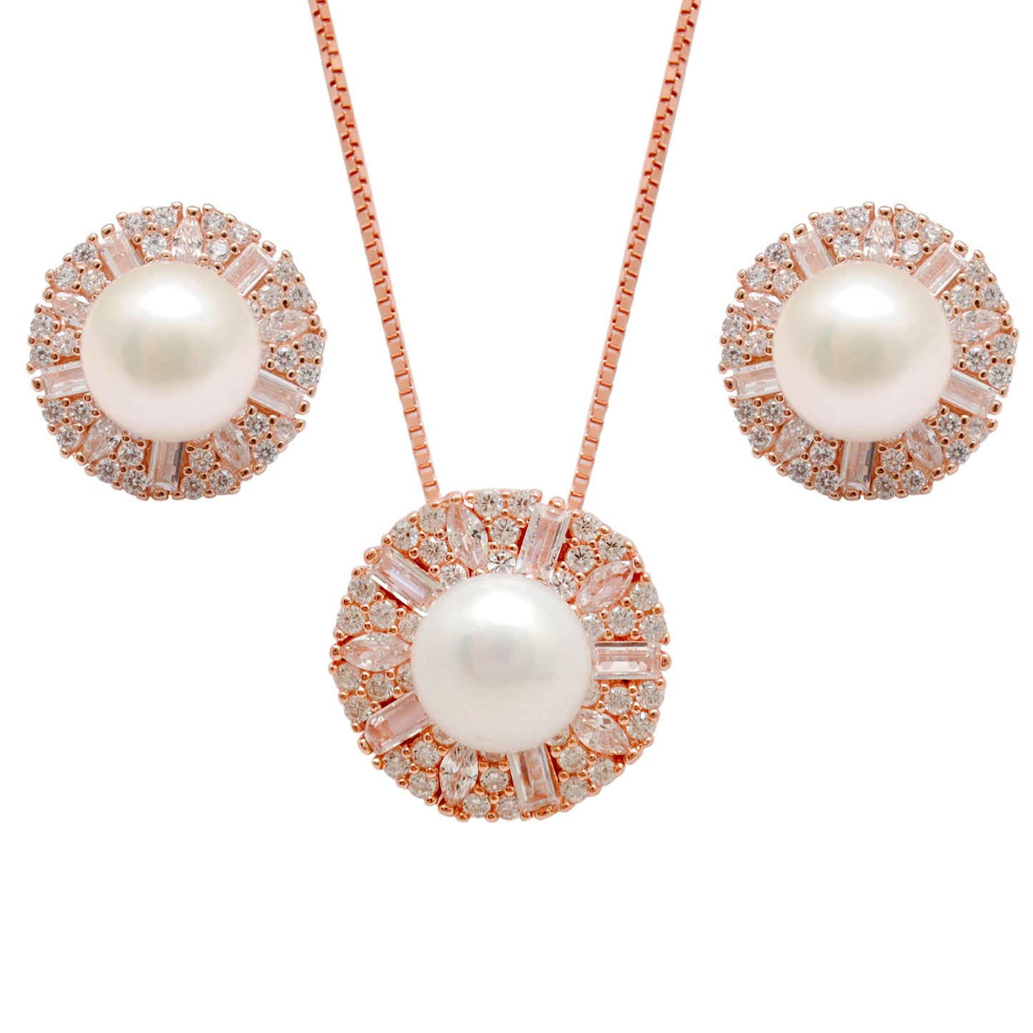 CZ & Pearl Necklace Earrings Set – 925 Silver & Gold Plated