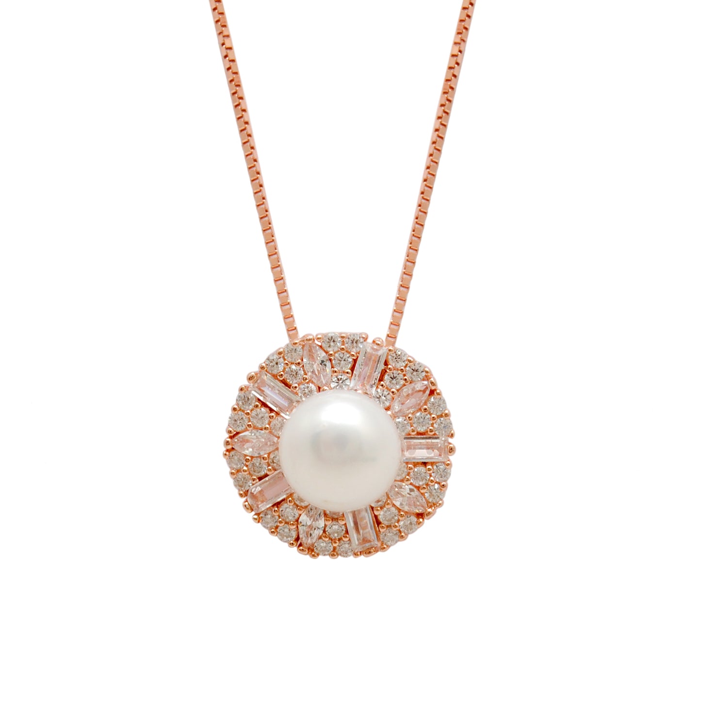 CZ & Pearl Necklace Earrings Set – 925 Silver & Gold Plated