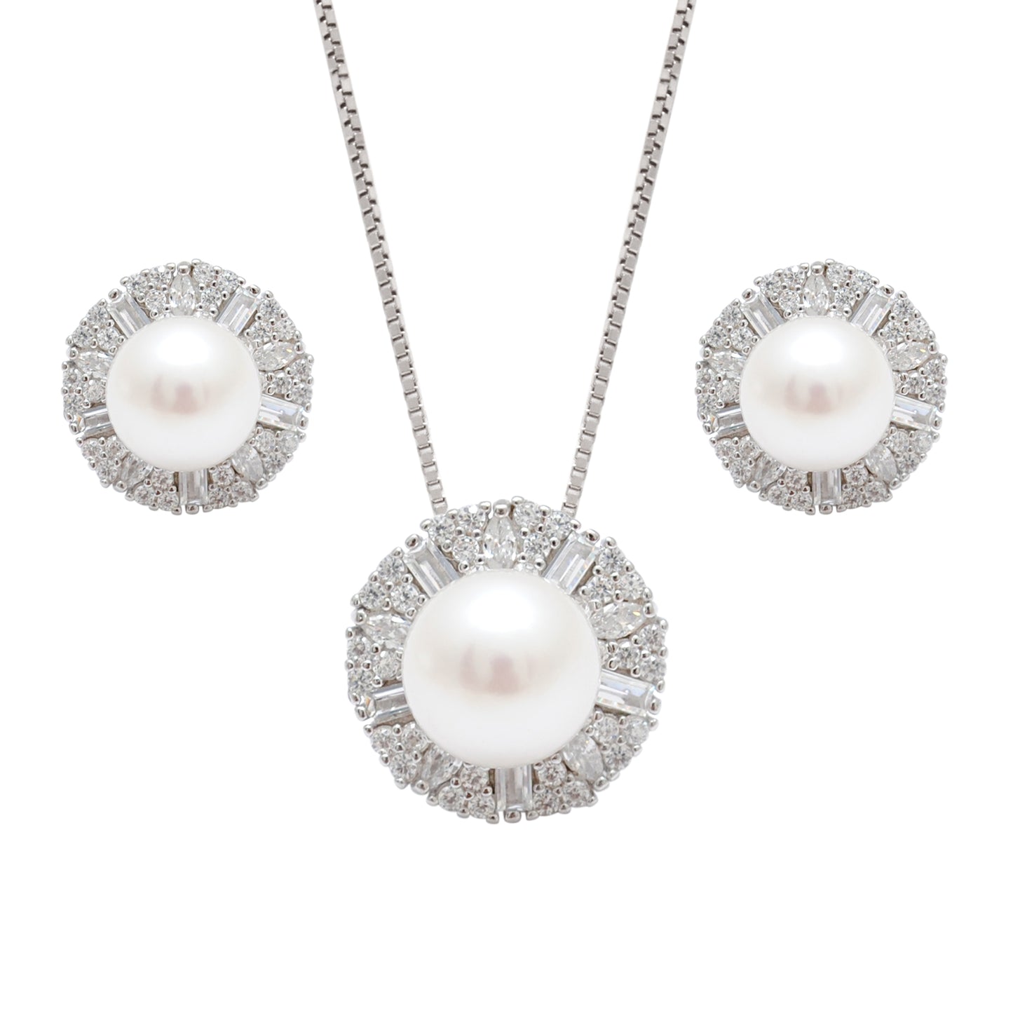 CZ & Pearl Necklace Earrings Set – 925 Silver & Gold Plated