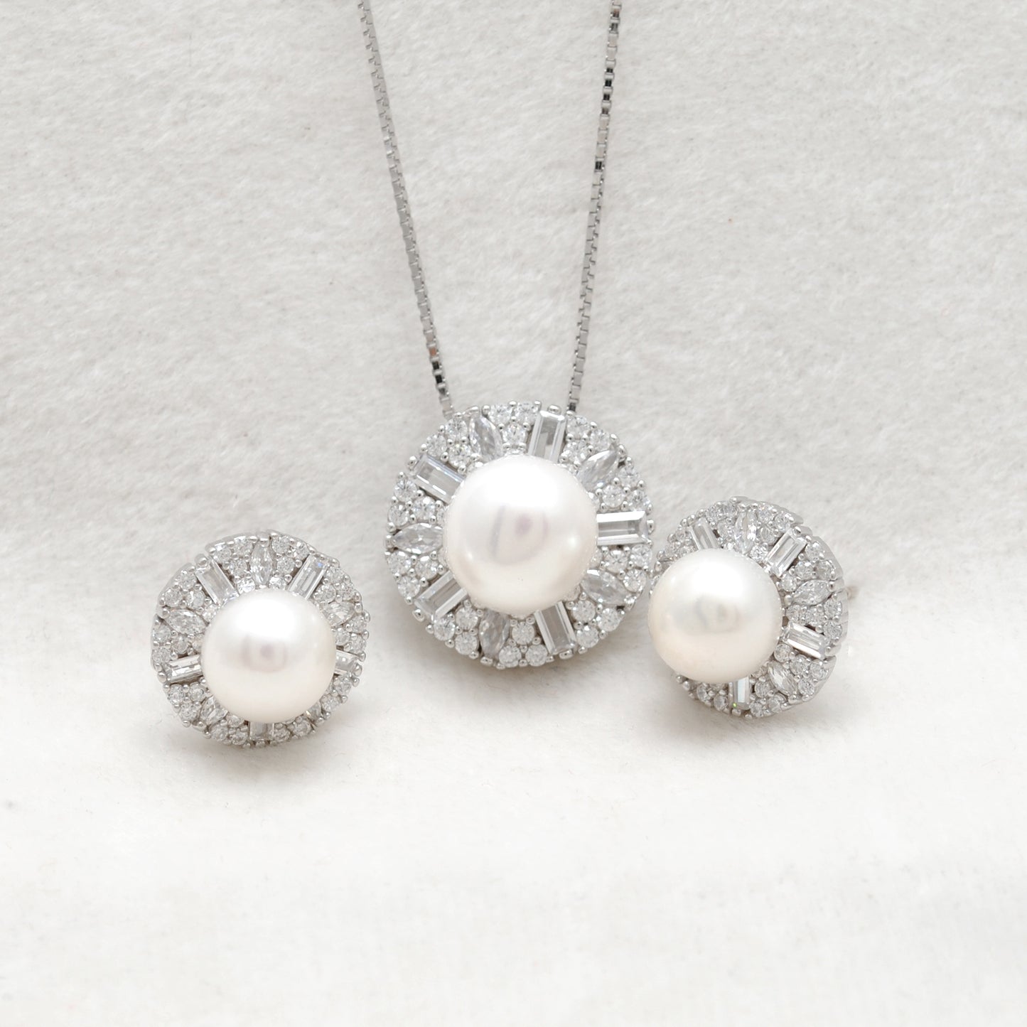 CZ & Pearl Necklace Earrings Set – 925 Silver & Gold Plated