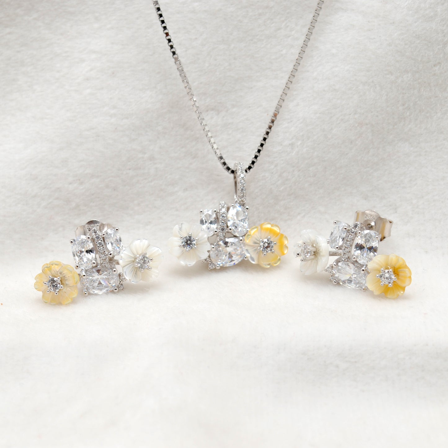 Enamel Floral CZ Necklace & Earrings Set – 925 Silver, 17+2 Inch