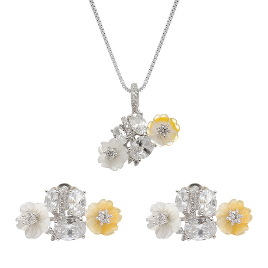 Enamel Floral CZ Necklace & Earrings Set – 925 Silver, 17+2 Inch