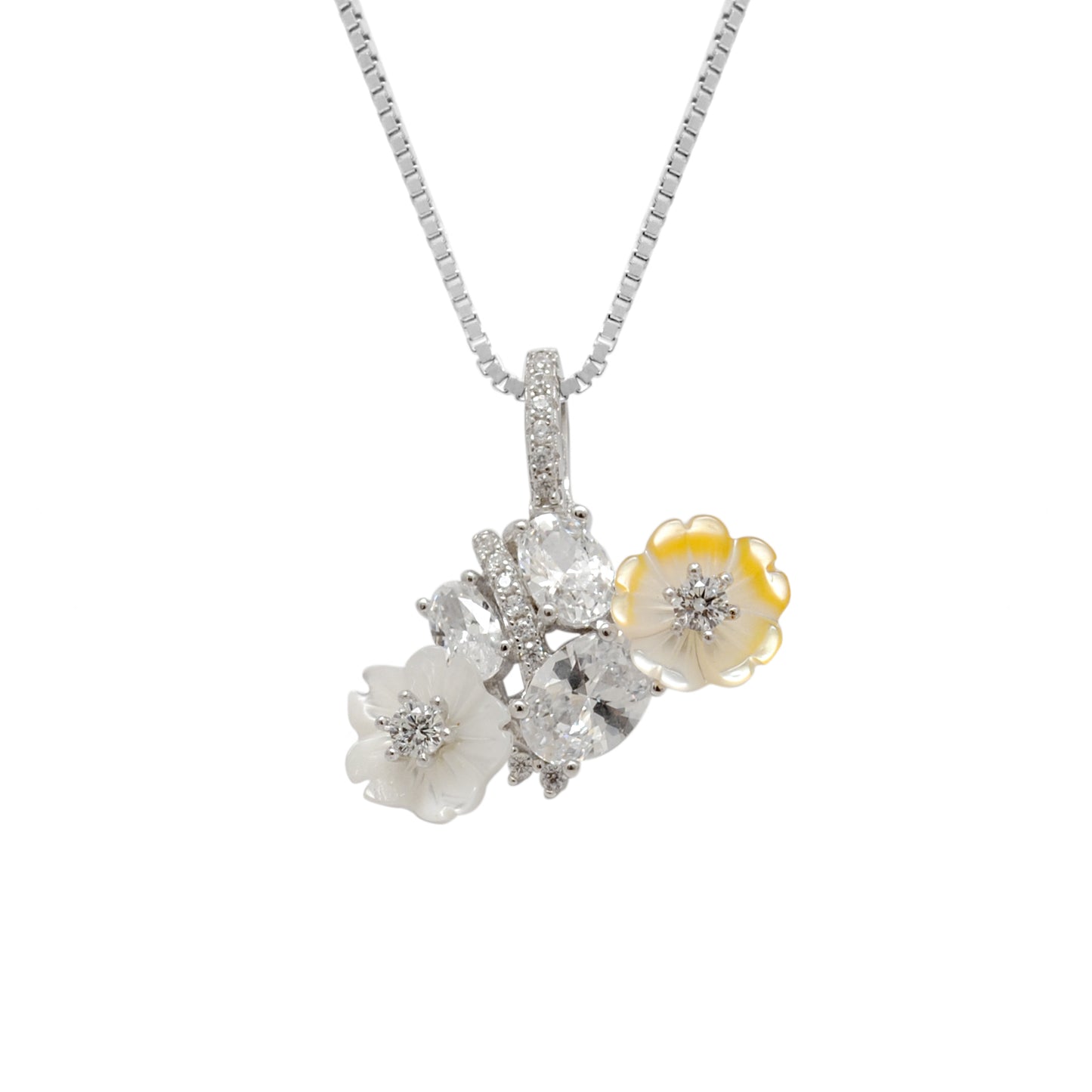 Enamel Floral CZ Necklace & Earrings Set – 925 Silver, 17+2 Inch