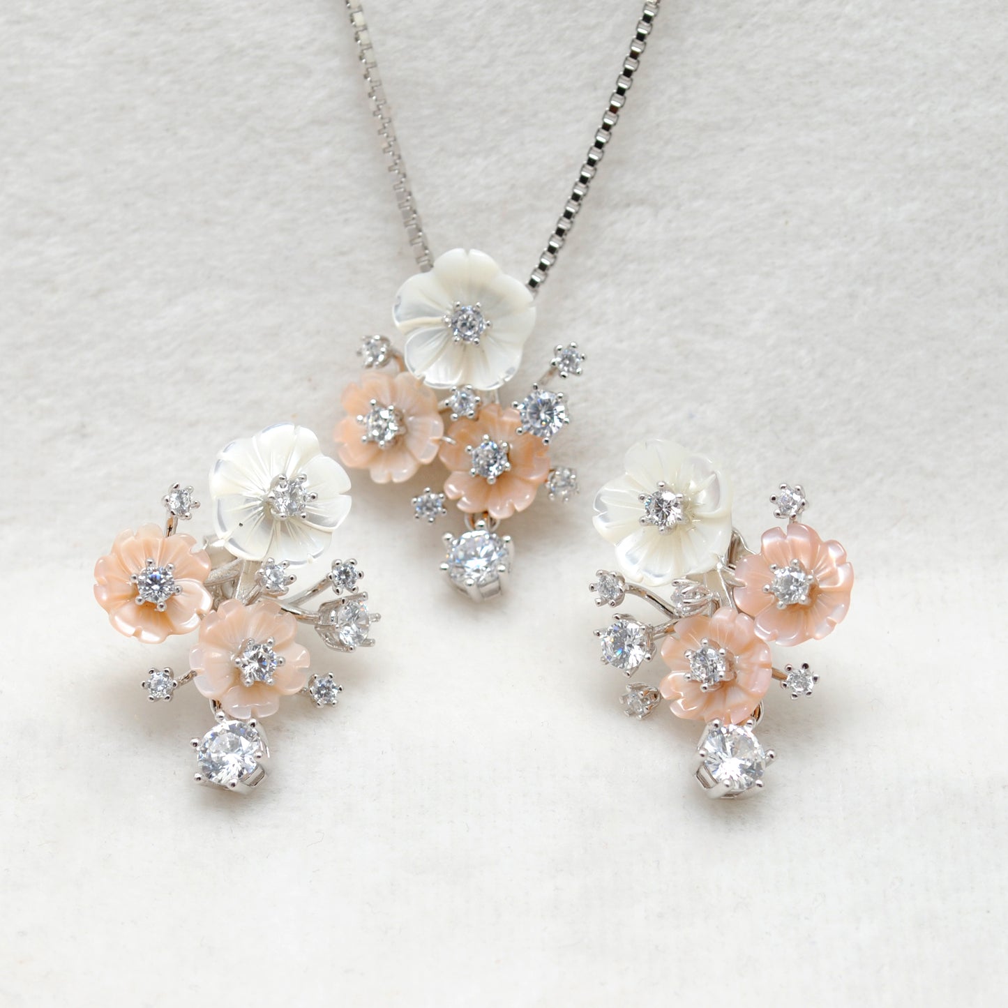 Bold Floral Enamel CZ Necklace & Earrings Set – 925 Sterling Silver, 17+2 Inch