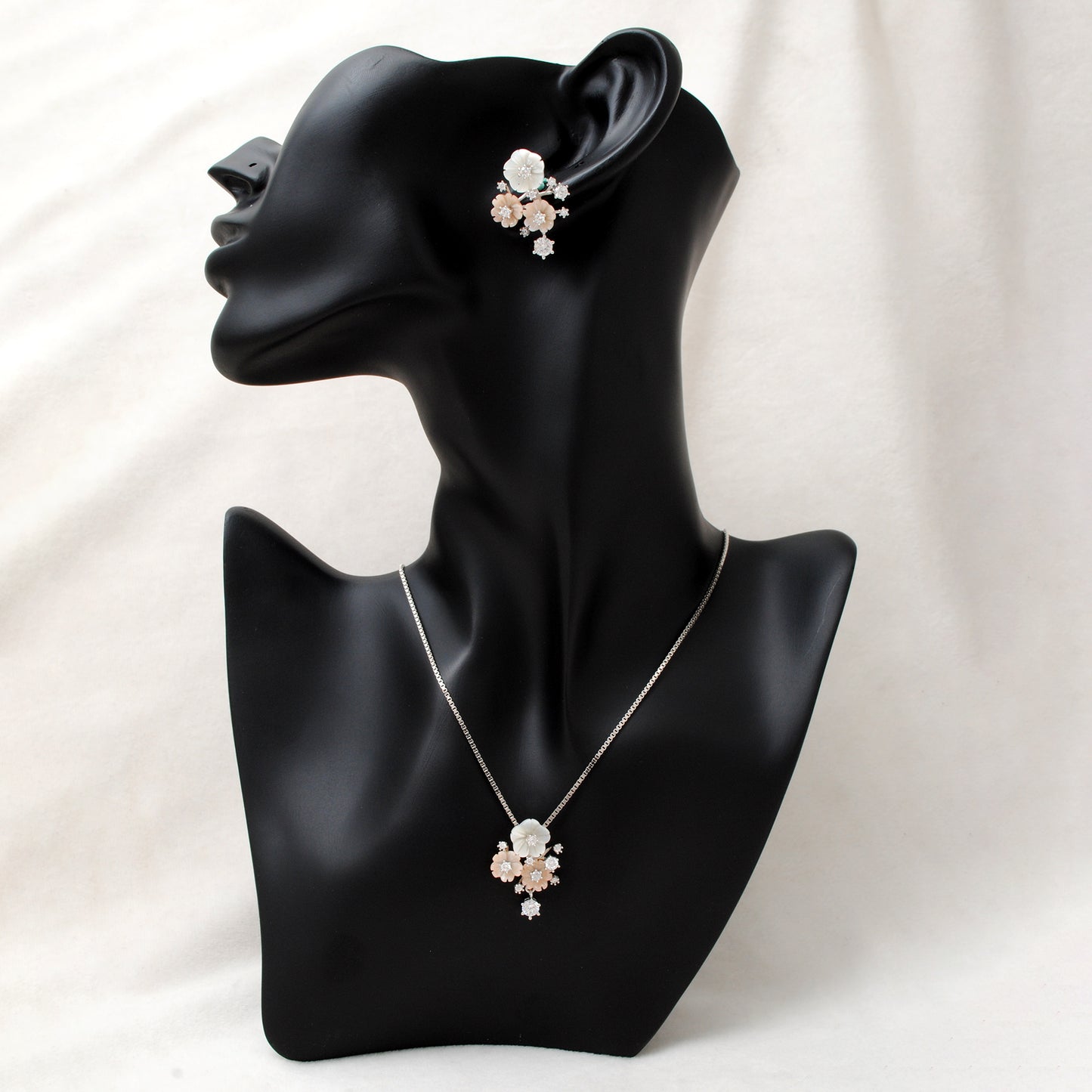 Bold Floral Enamel CZ Necklace & Earrings Set – 925 Sterling Silver, 17+2 Inch