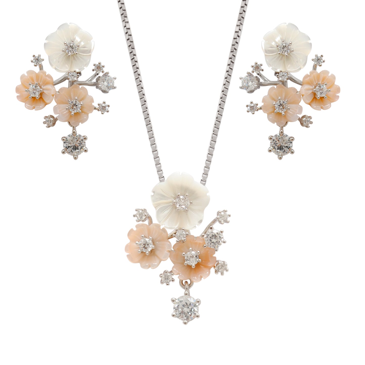 Bold Floral Enamel CZ Necklace & Earrings Set – 925 Sterling Silver, 17+2 Inch