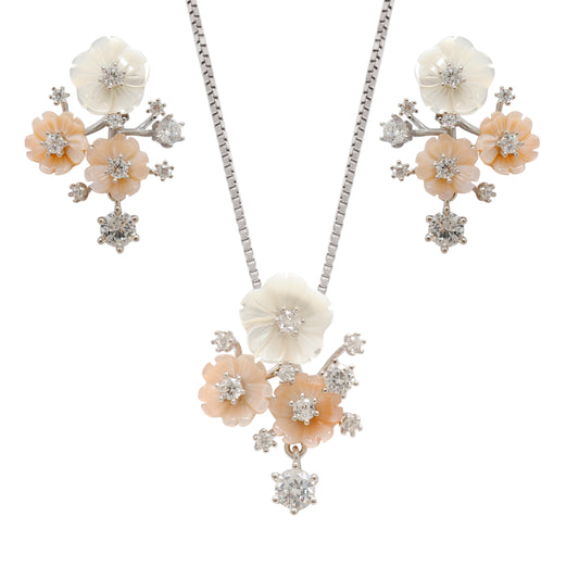 Bold Floral Enamel CZ Necklace & Earrings Set – 925 Sterling Silver, 17+2 Inch